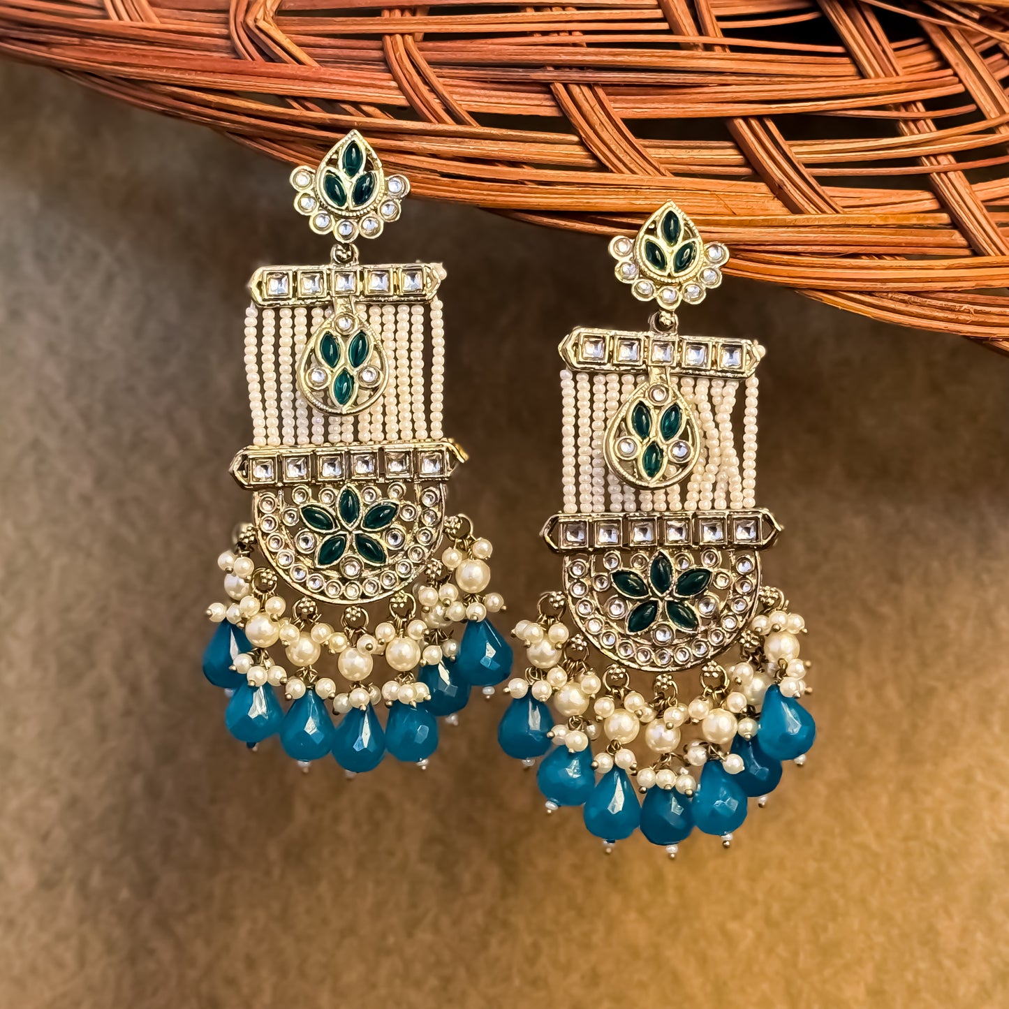 Kamya Pearl Chandbali Earrings- Firozi
