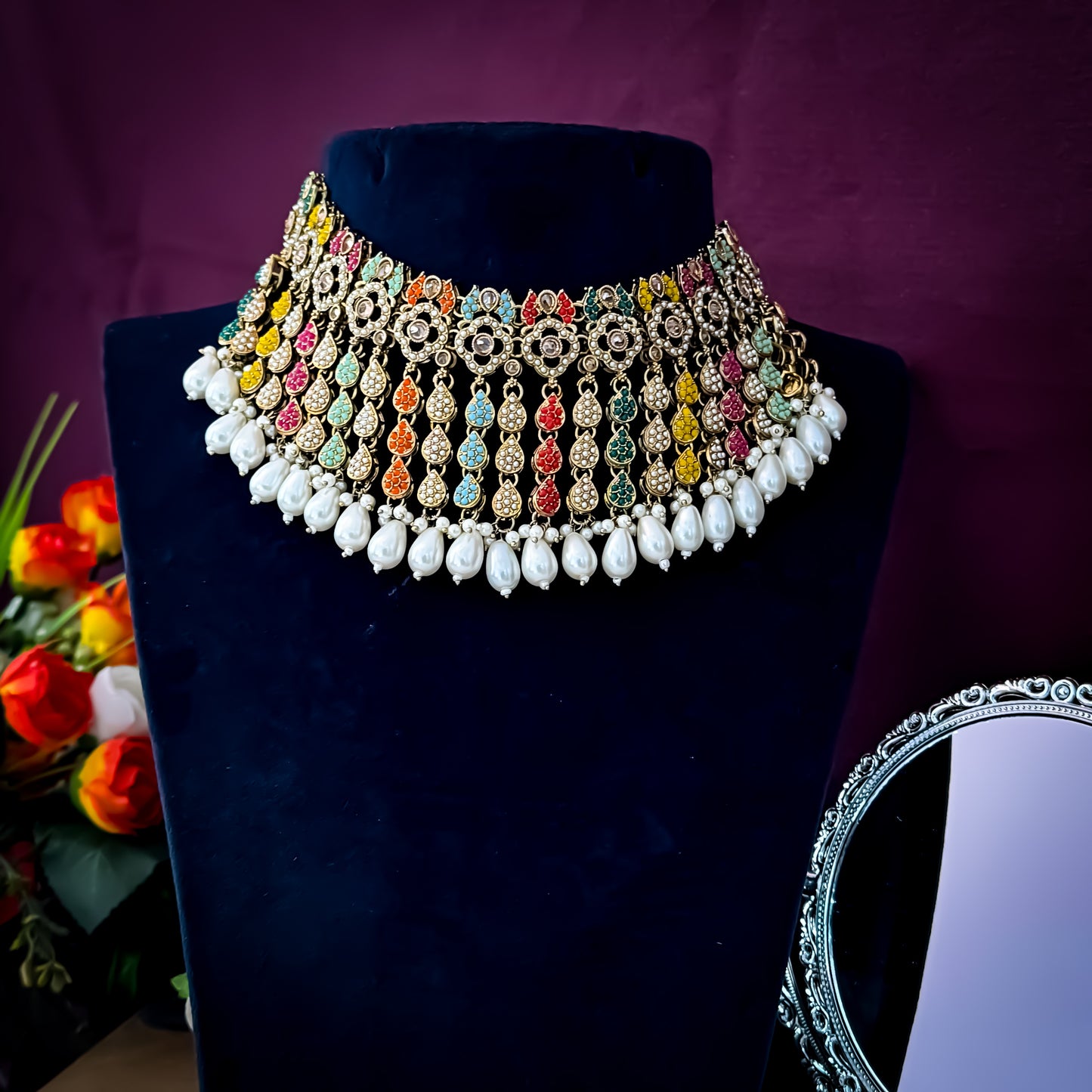 Riwaz Jadau Reverse AD Necklace Set - Multi