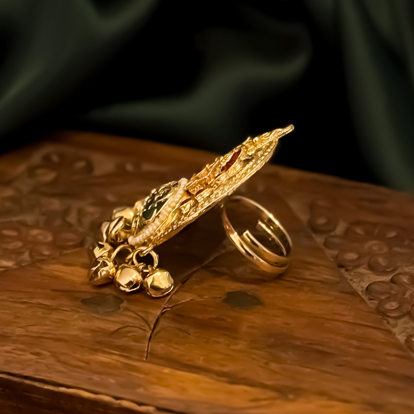 Nishita Premium Kashmiri Brass Ghungroo Ring - Green