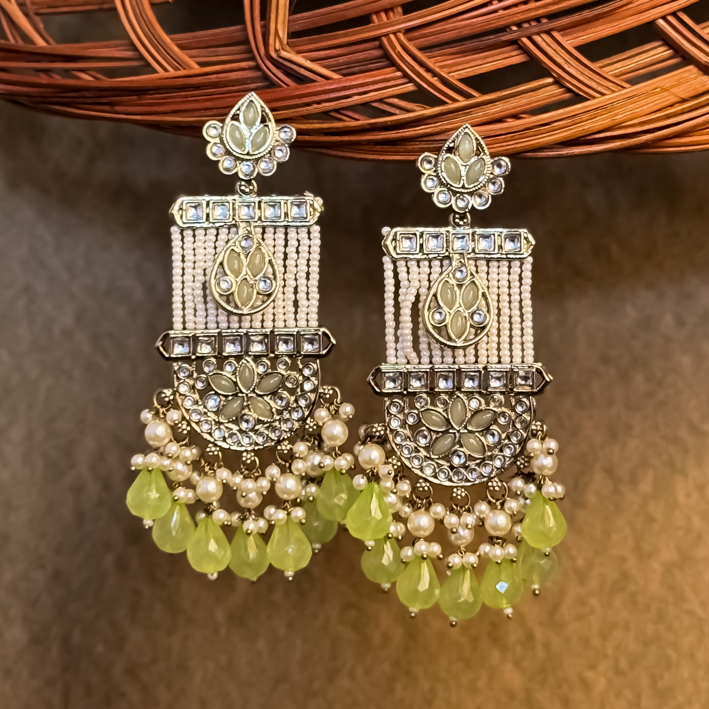 Kamya Pearl Chandbali Earrings- Lemon Green