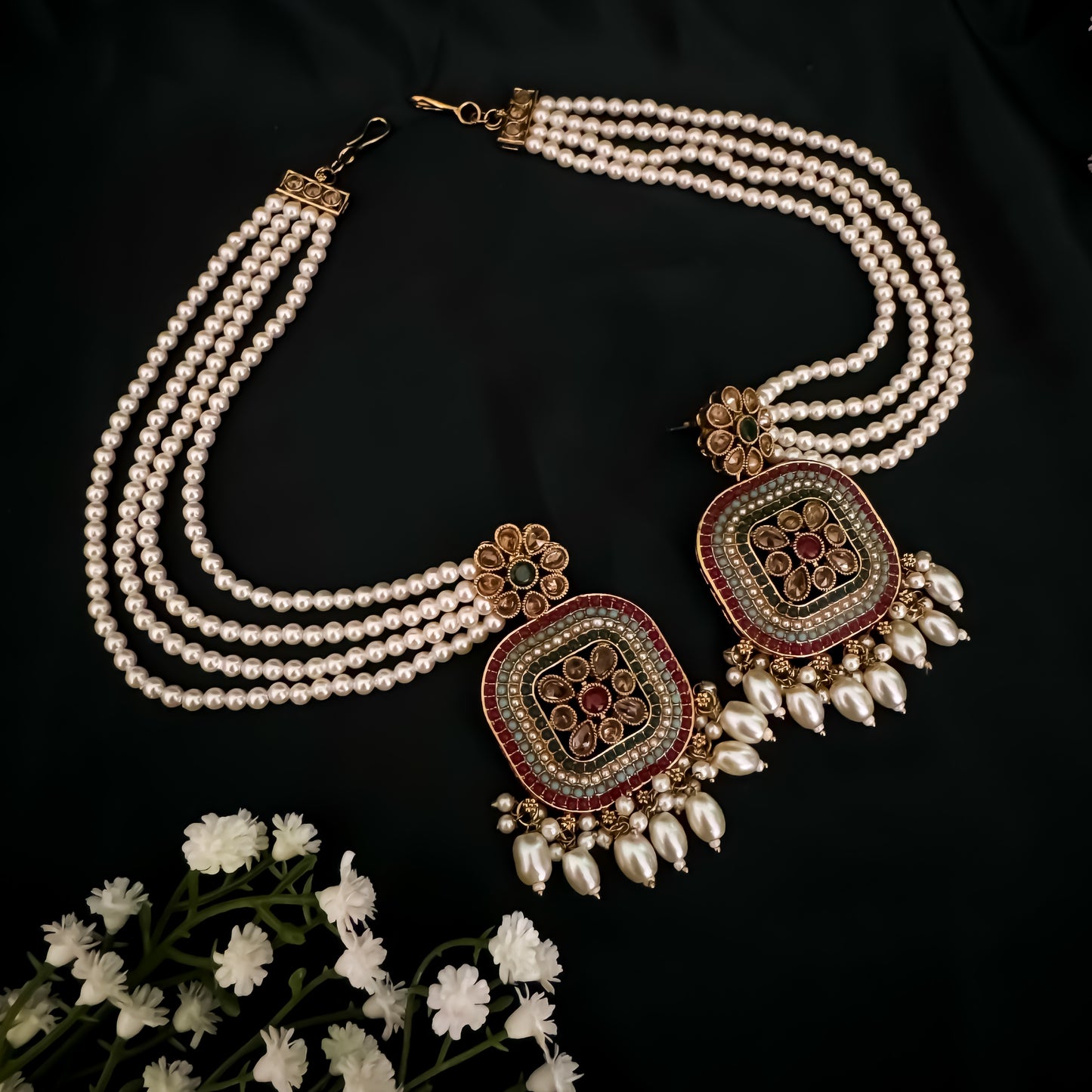 Raisha Jadau Reverse AD Necklace Set-Multi