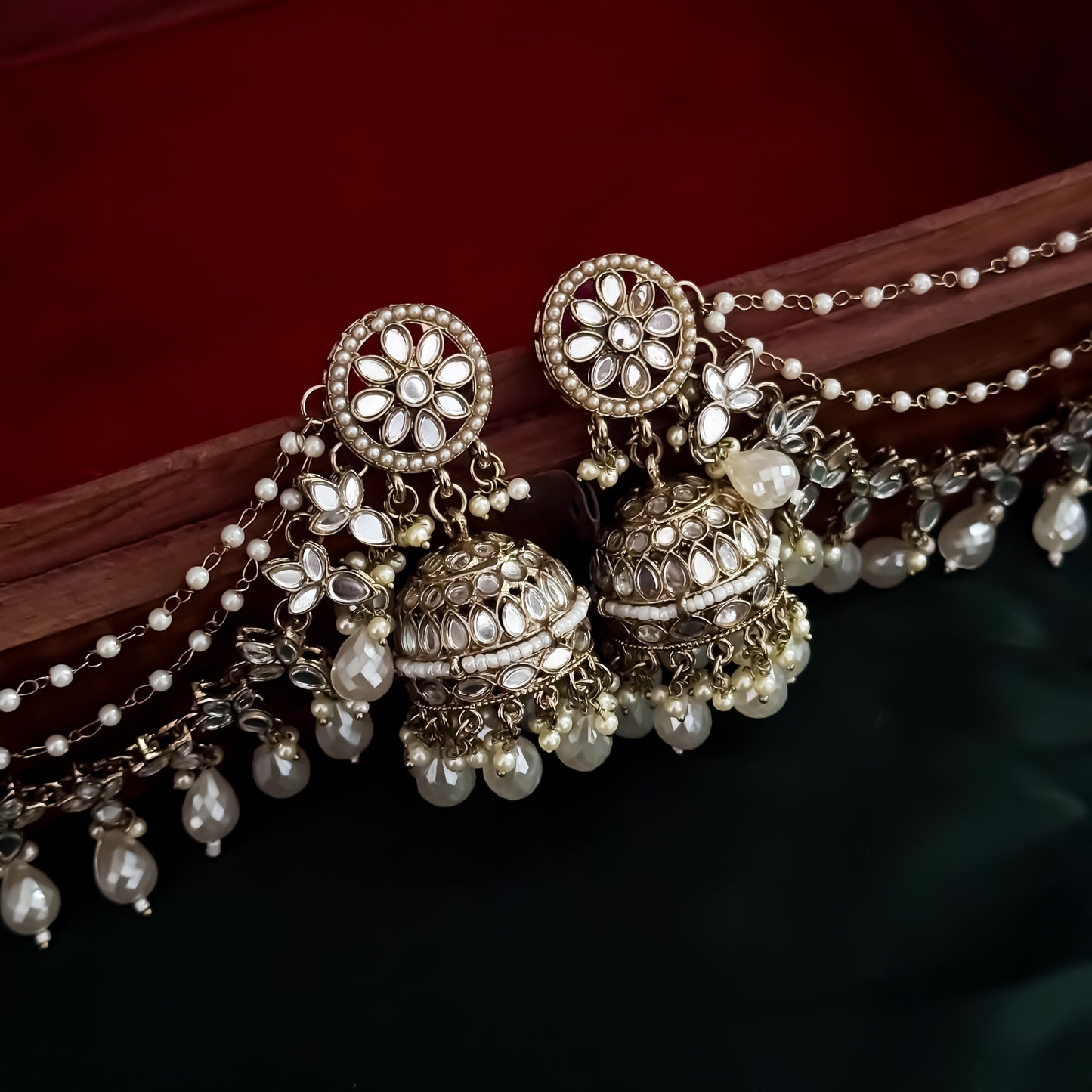 Kashish Jadau Mirror Jhumka Earrings with Sahara/Earchains - Golden