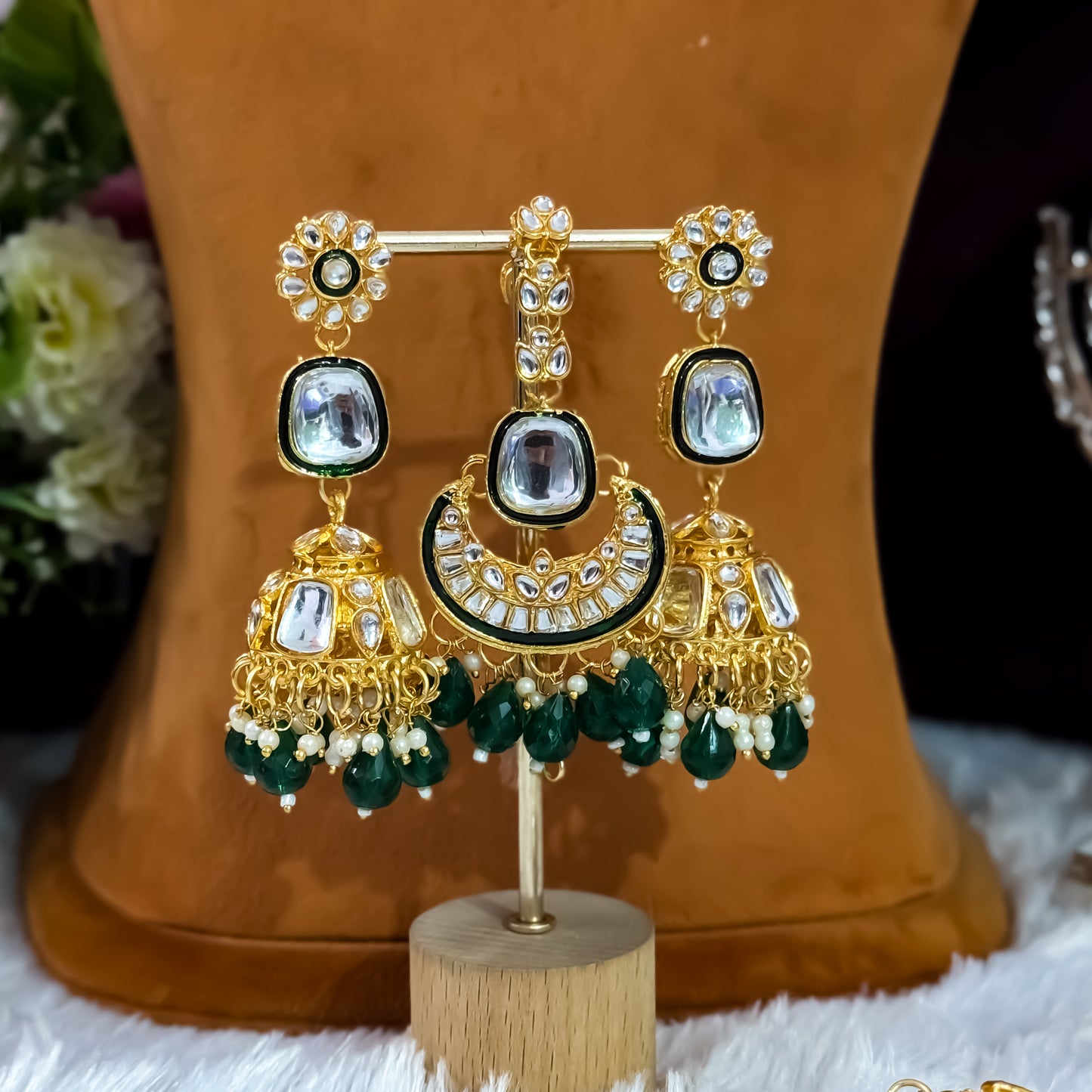 Deep Double layer Kundan Necklace Set - Green