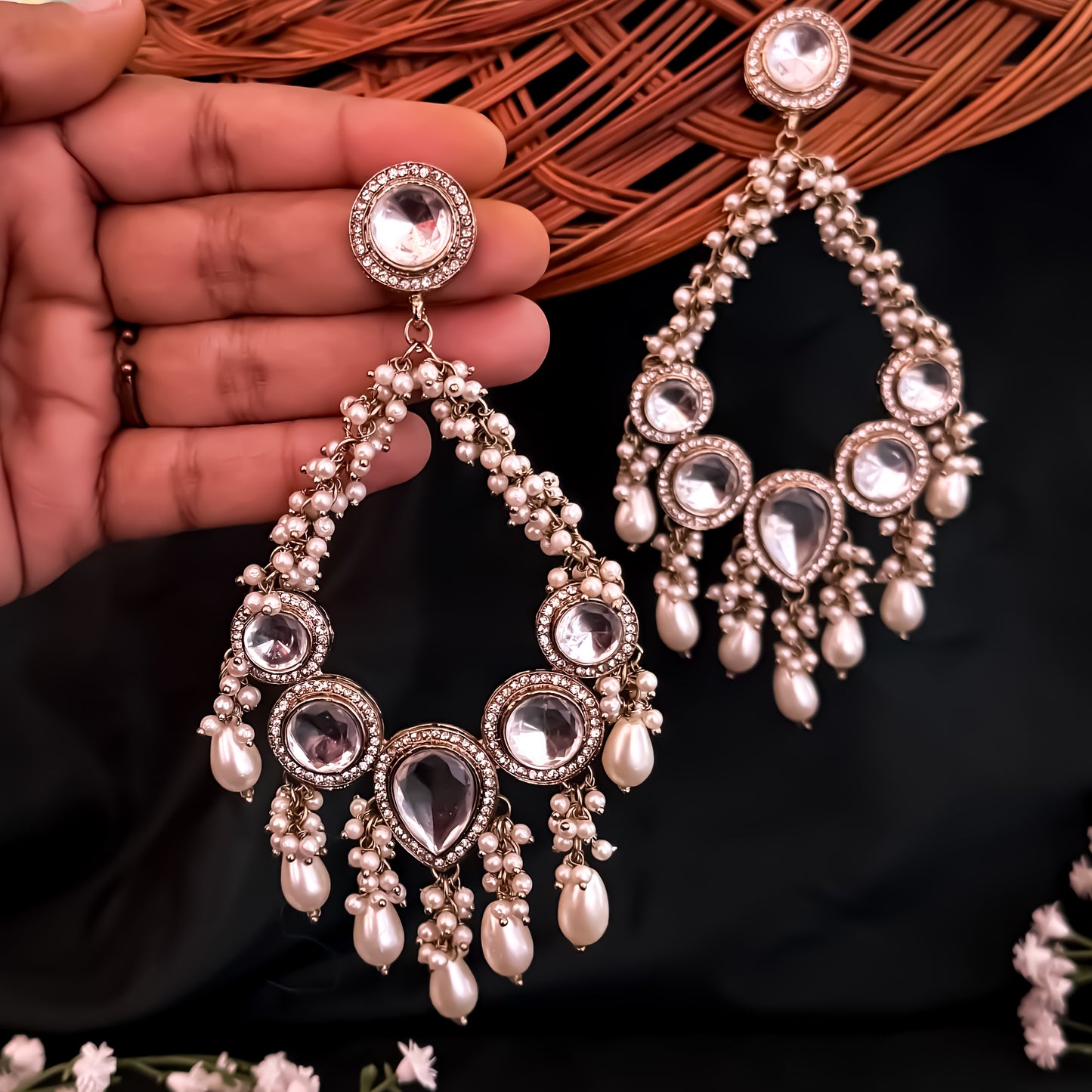 Ishkara Pearl Chandbali Earrings - Golden