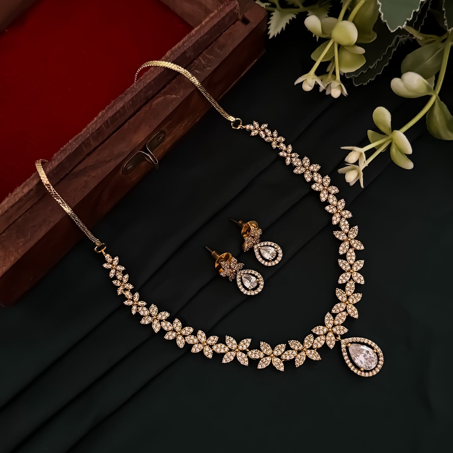 Vaishnavi American Diamond Necklace Set - Golden