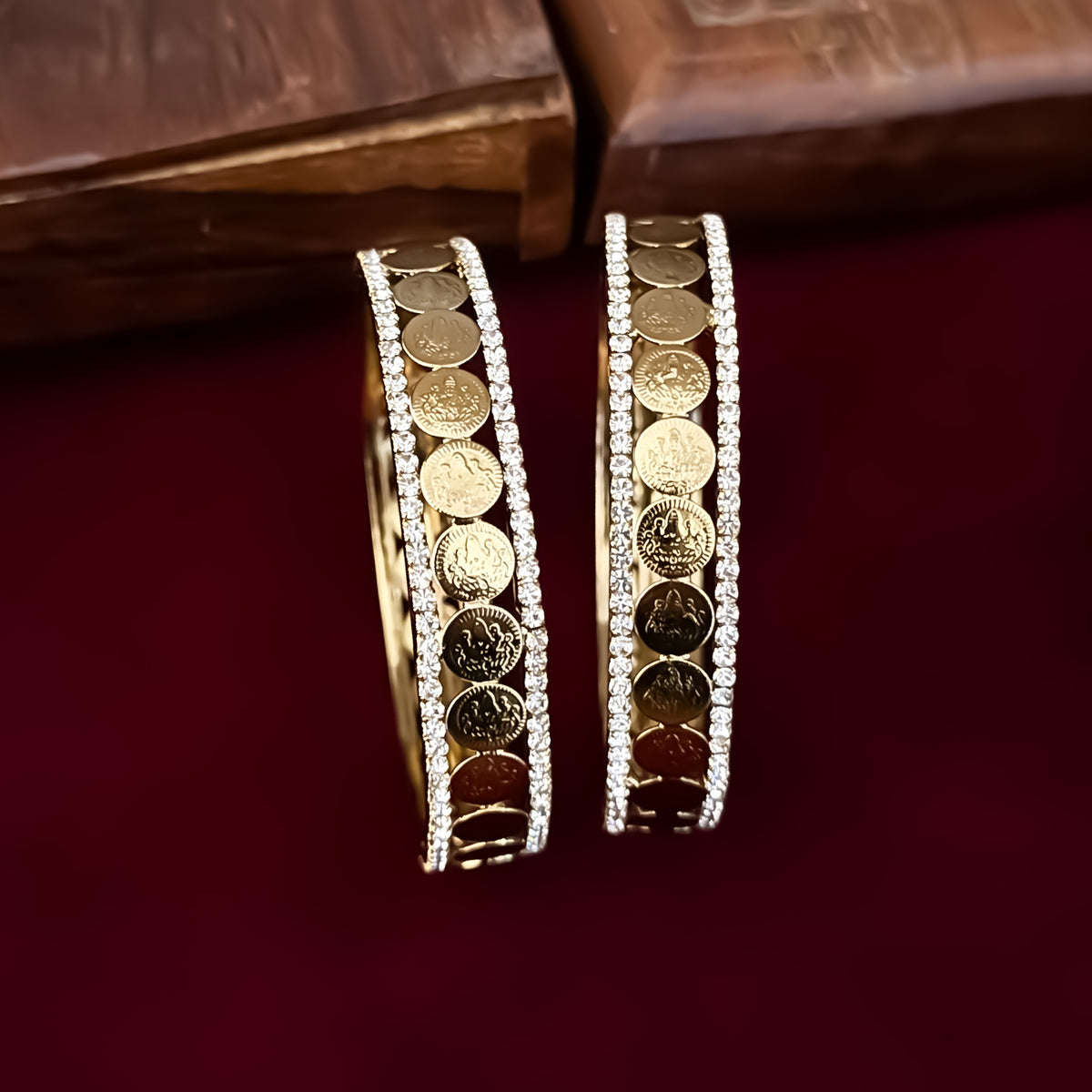 Akshat Lakshmi Coin Temple AD Gold Bangles - Golden (Set of 2)