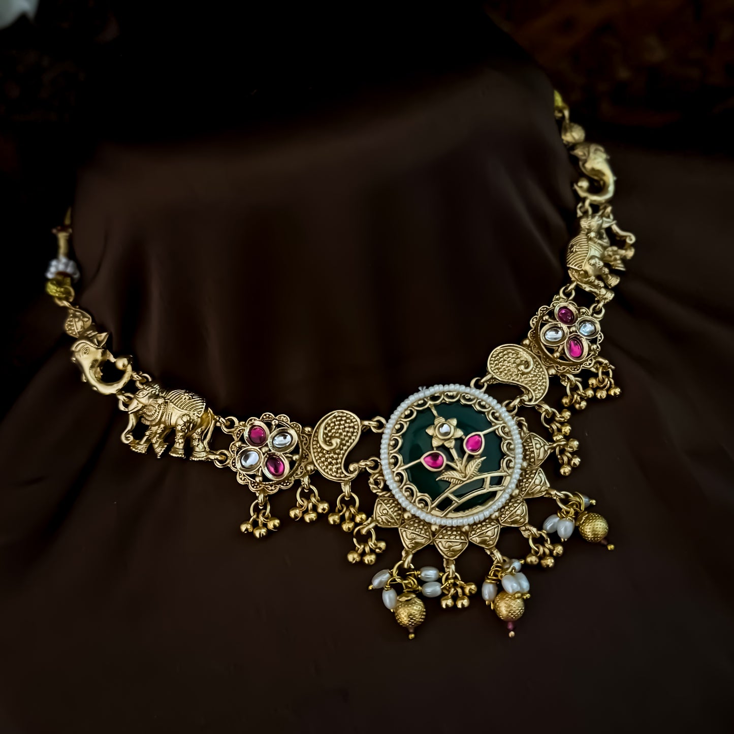 Divyanka Heritage Rajwadi Necklace Set - Pink & Green