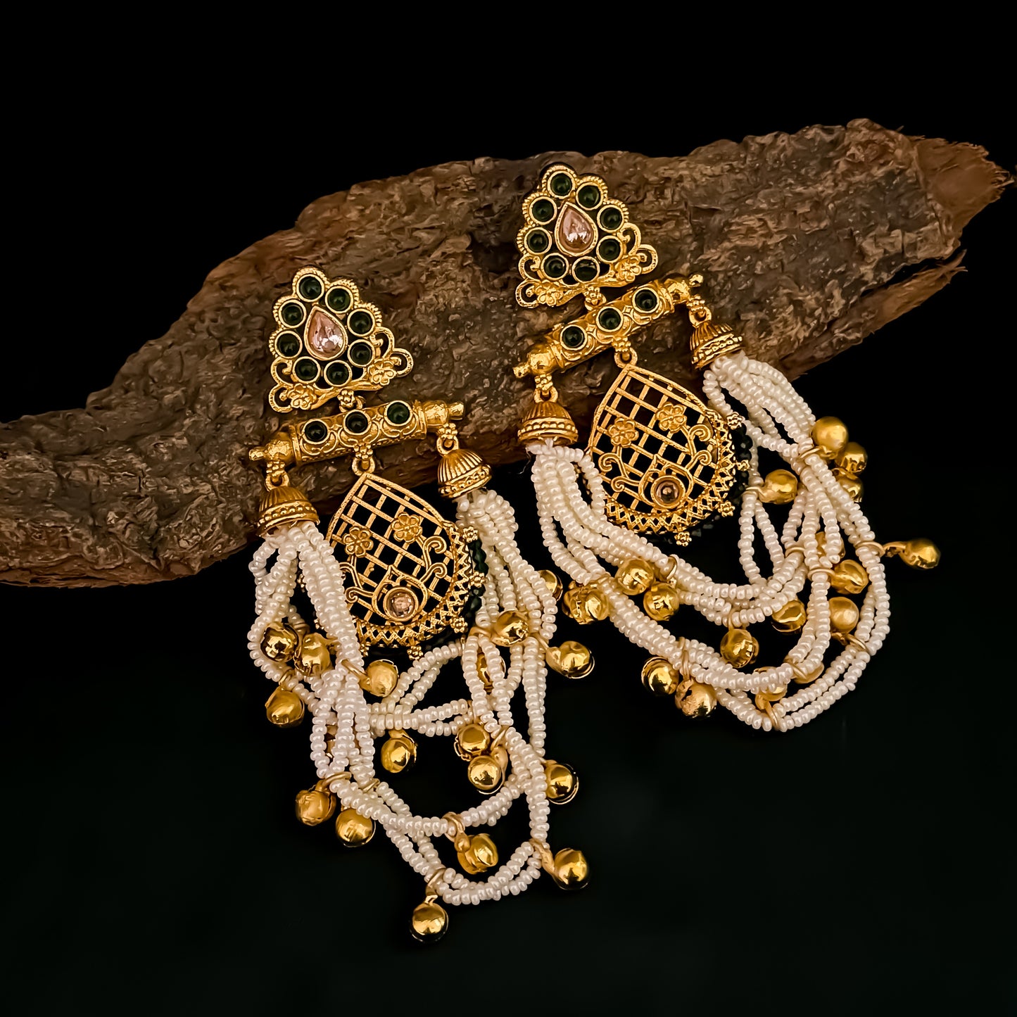Shambhavi Premium Kashmiri Brass Pearl Chandbali Earrings - Green
