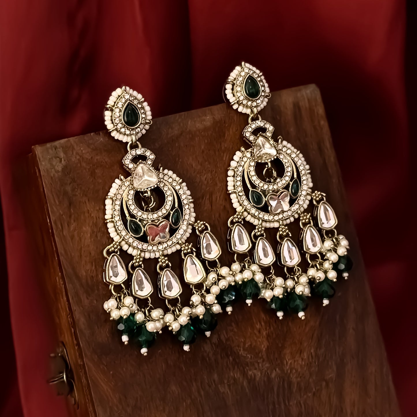 Athiya Kundan Pearl Premium Chandbali Earrings - Green