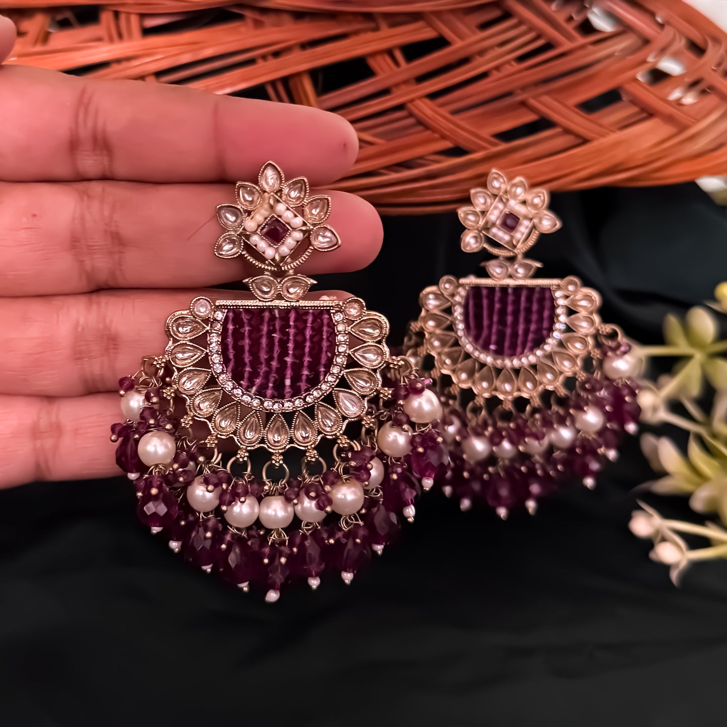 Mansa Kundan Pearl Chandbali - Wine