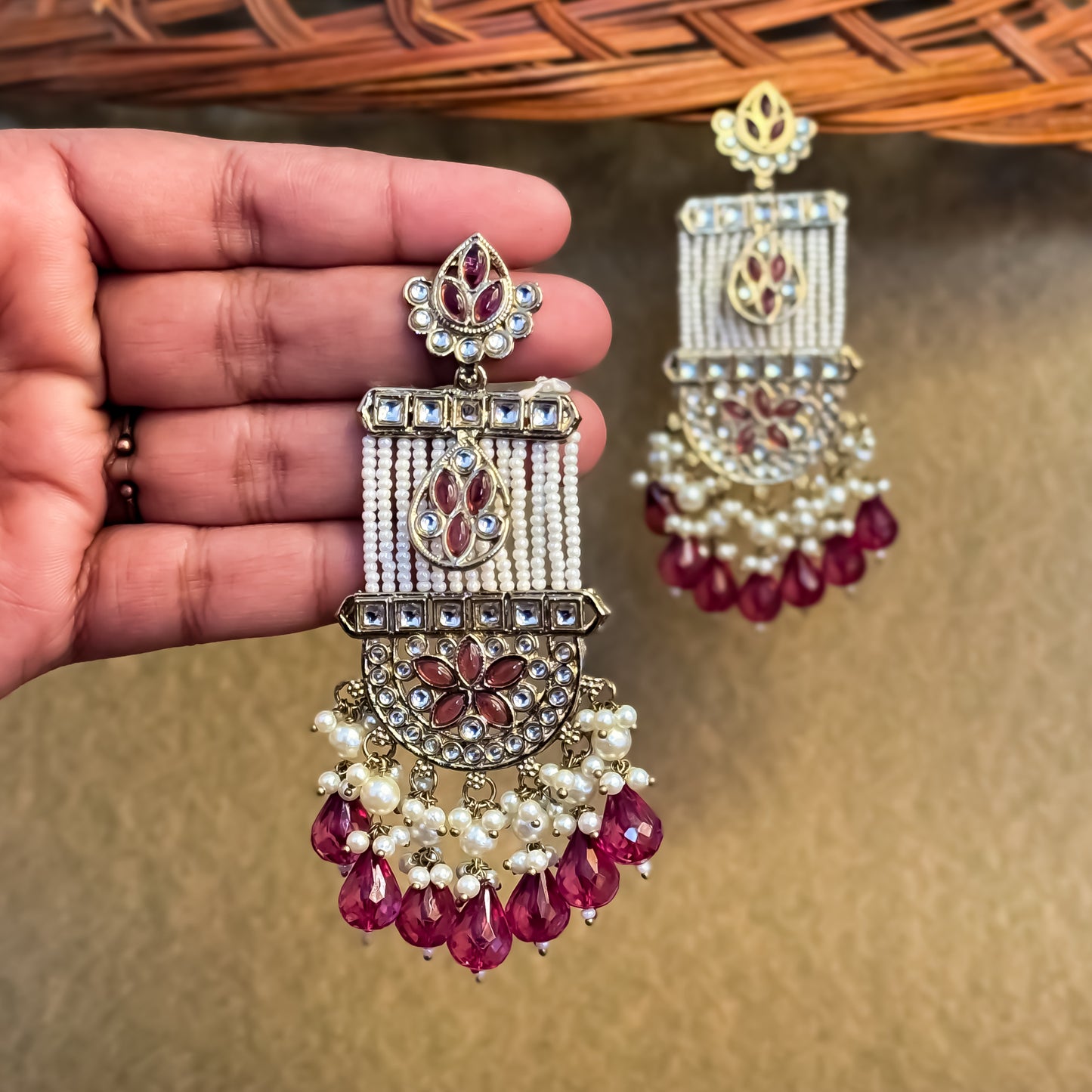 Kamya Pearl Chandbali Earrings- Wine