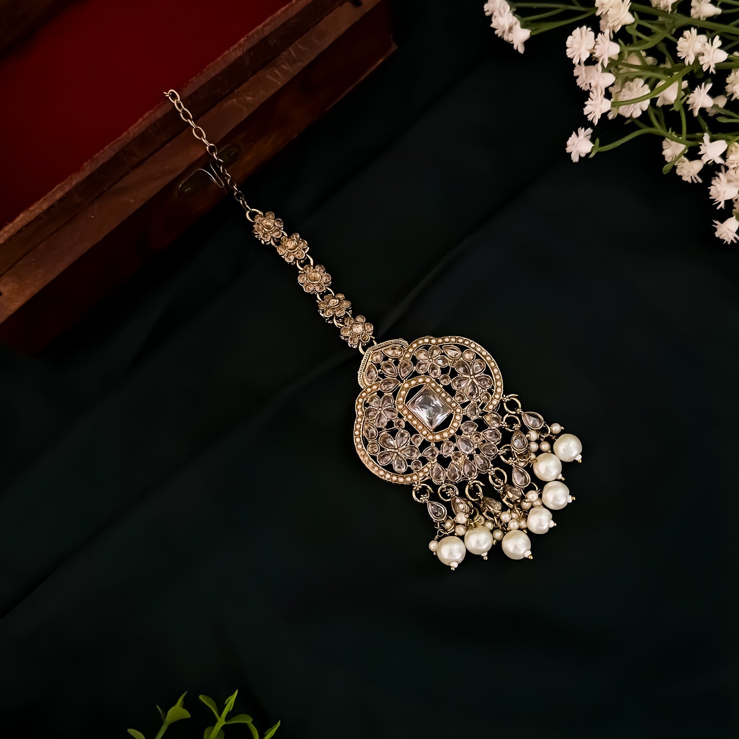 Nihal Reverse AD Necklace Set with Earrings & Teeka - Golden