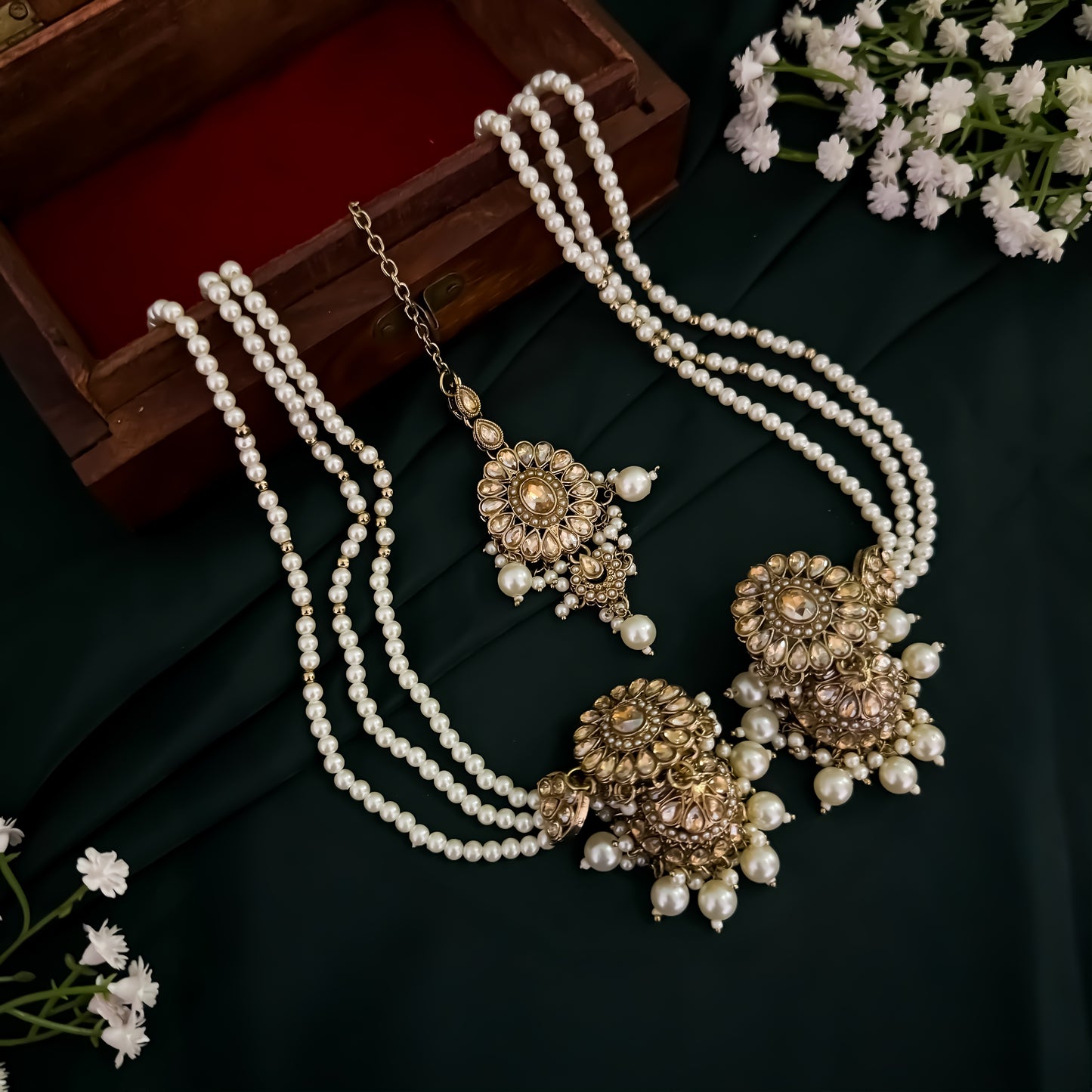 Noorani Reverse AD Necklace Set with Jhumka Sahara Earrings & Teeka - Golden