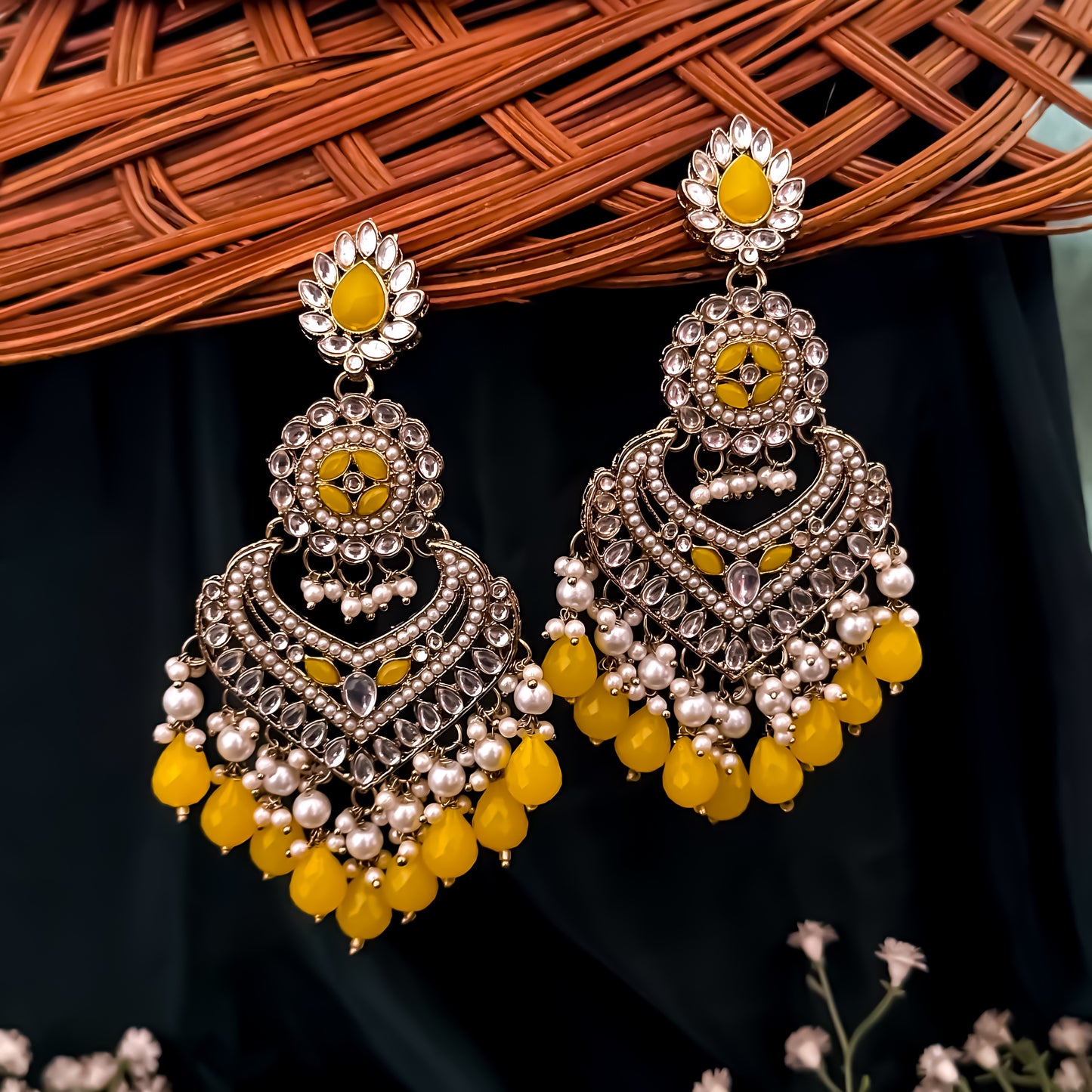 Shaba Jadau Kundan Chandbali Earrings - Yellow
