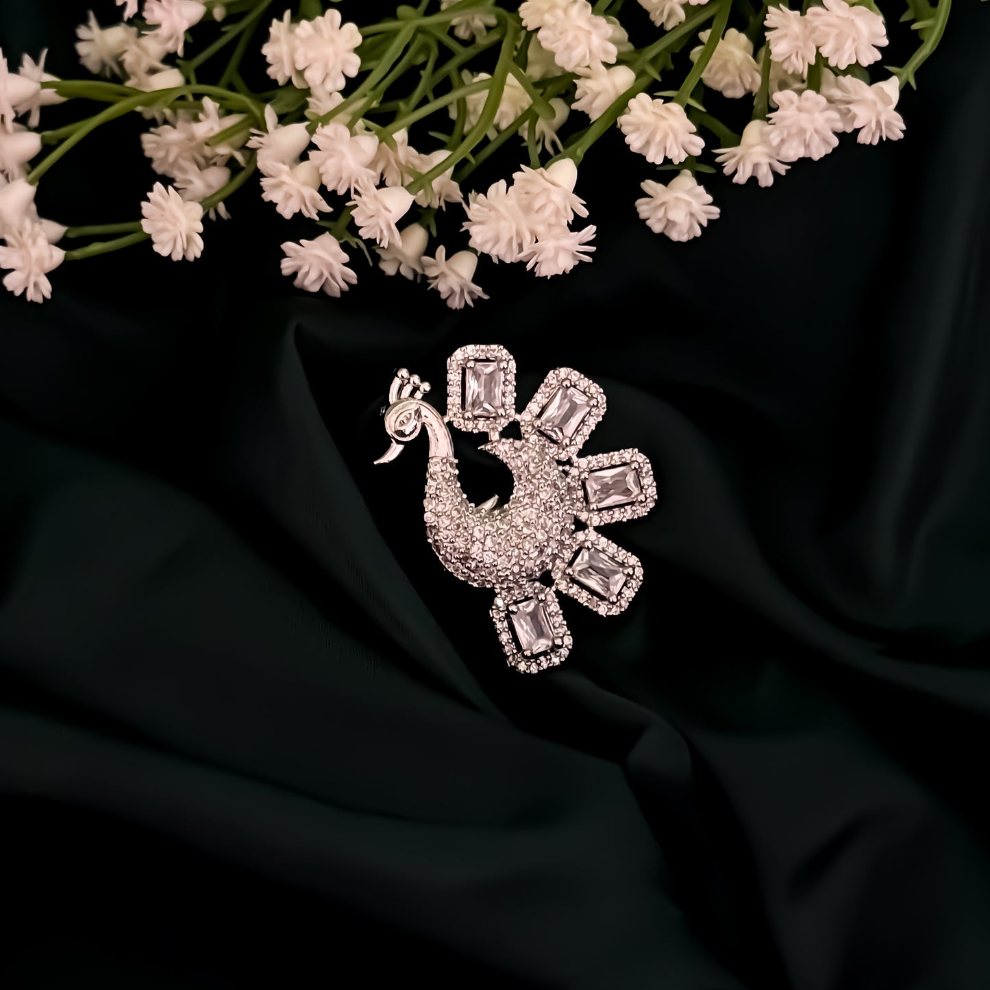 Pretty Peacock American Diamond Silver Adjustable Ring