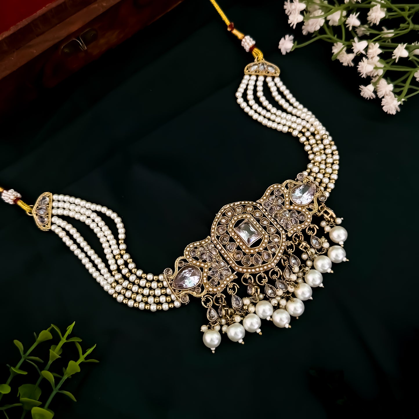 Nihal Reverse AD Necklace Set with Earrings & Teeka - Golden
