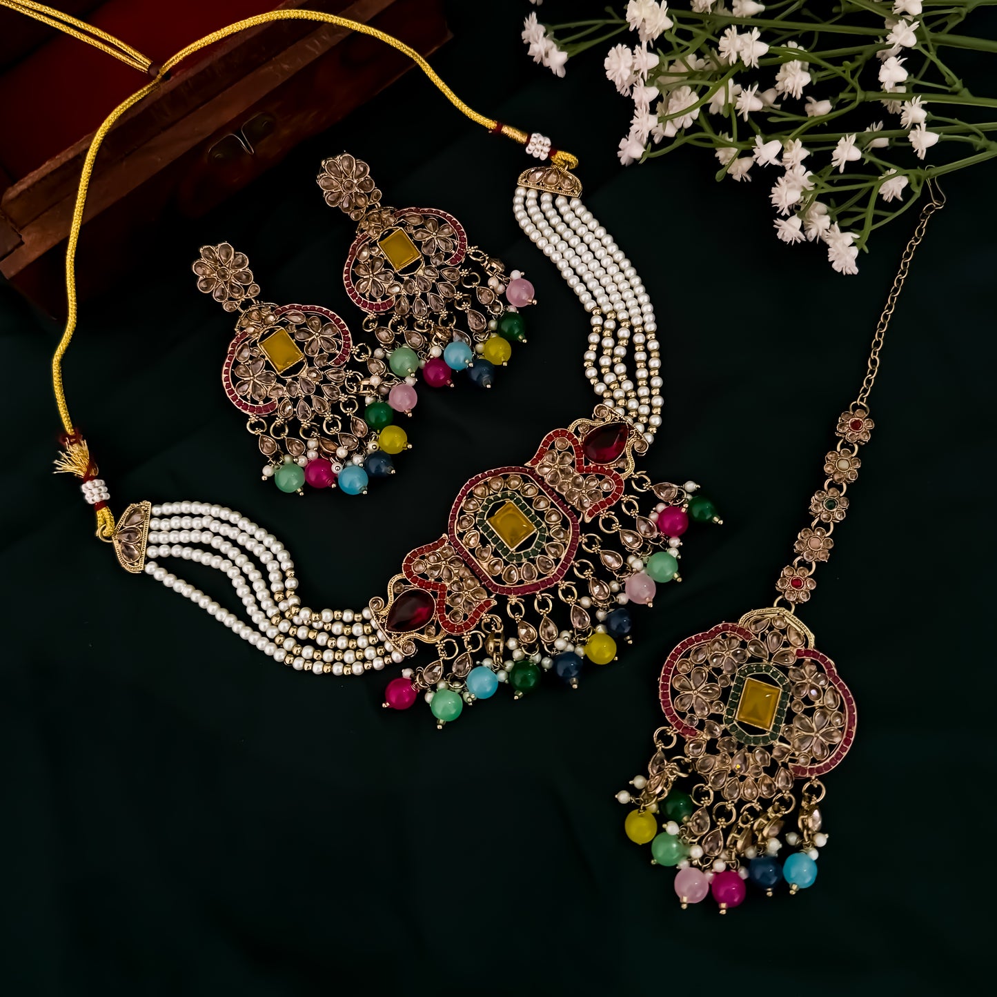 Nihal Reverse AD Necklace Set with Earrings & Teeka - Multi