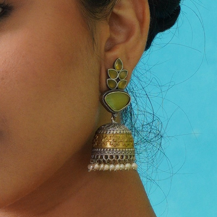 Monalisa Dual Tone Brass Jhumka Earrings - Lemon Yellow