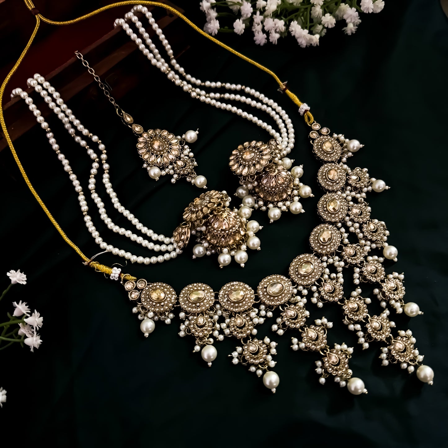 Noorani Reverse AD Necklace Set with Jhumka Sahara Earrings & Teeka - Golden