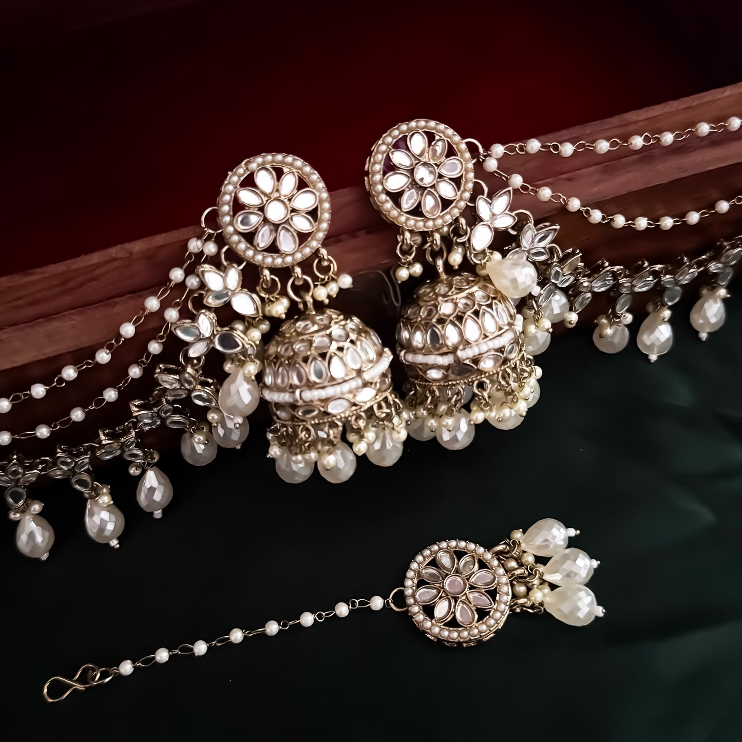 Kashish Jadau Mirror Jhumka Earrings with Sahara/Earchains - Golden