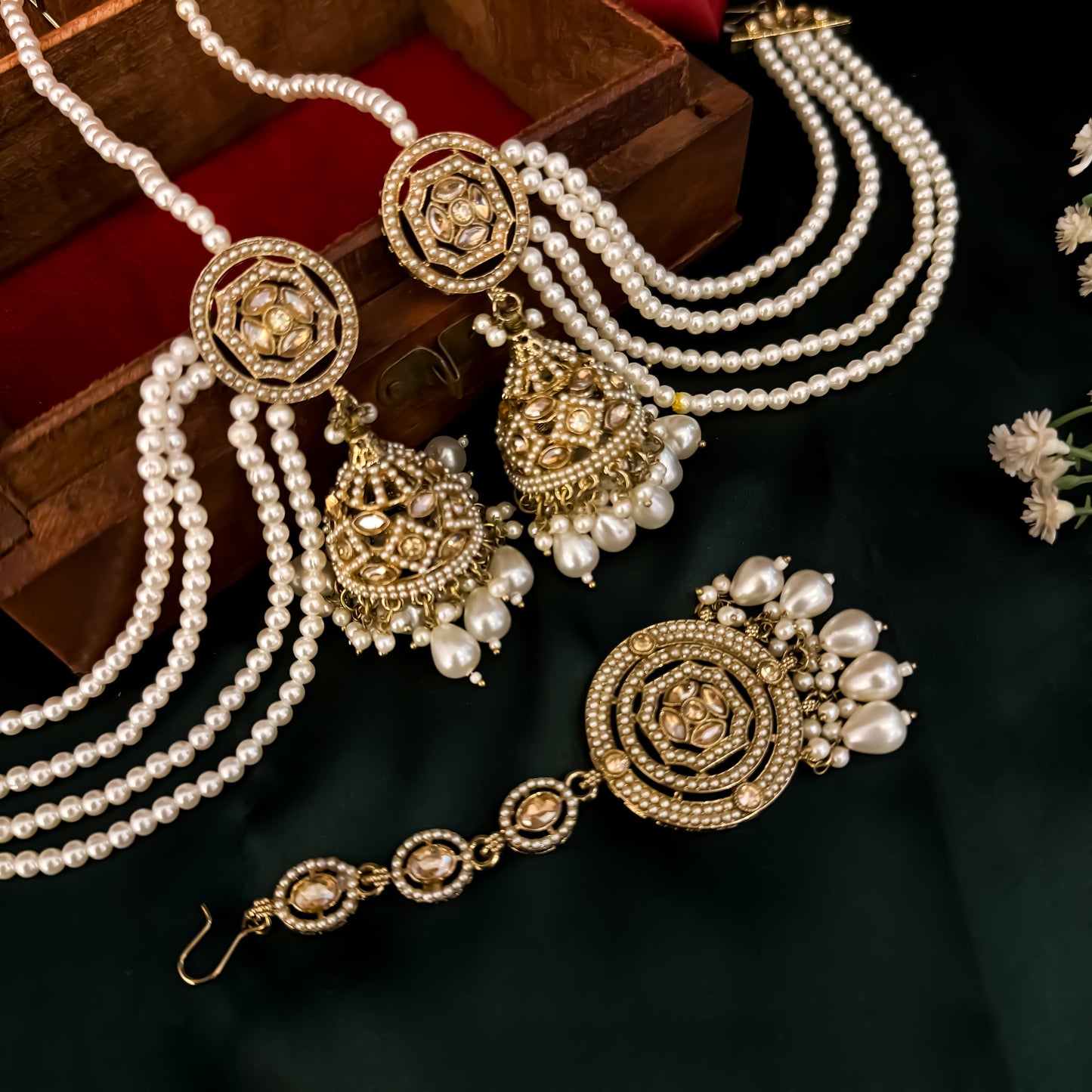 Iqra Jadau Reverse AD Jhumka Earrings with Sahara & Teeka - Golden