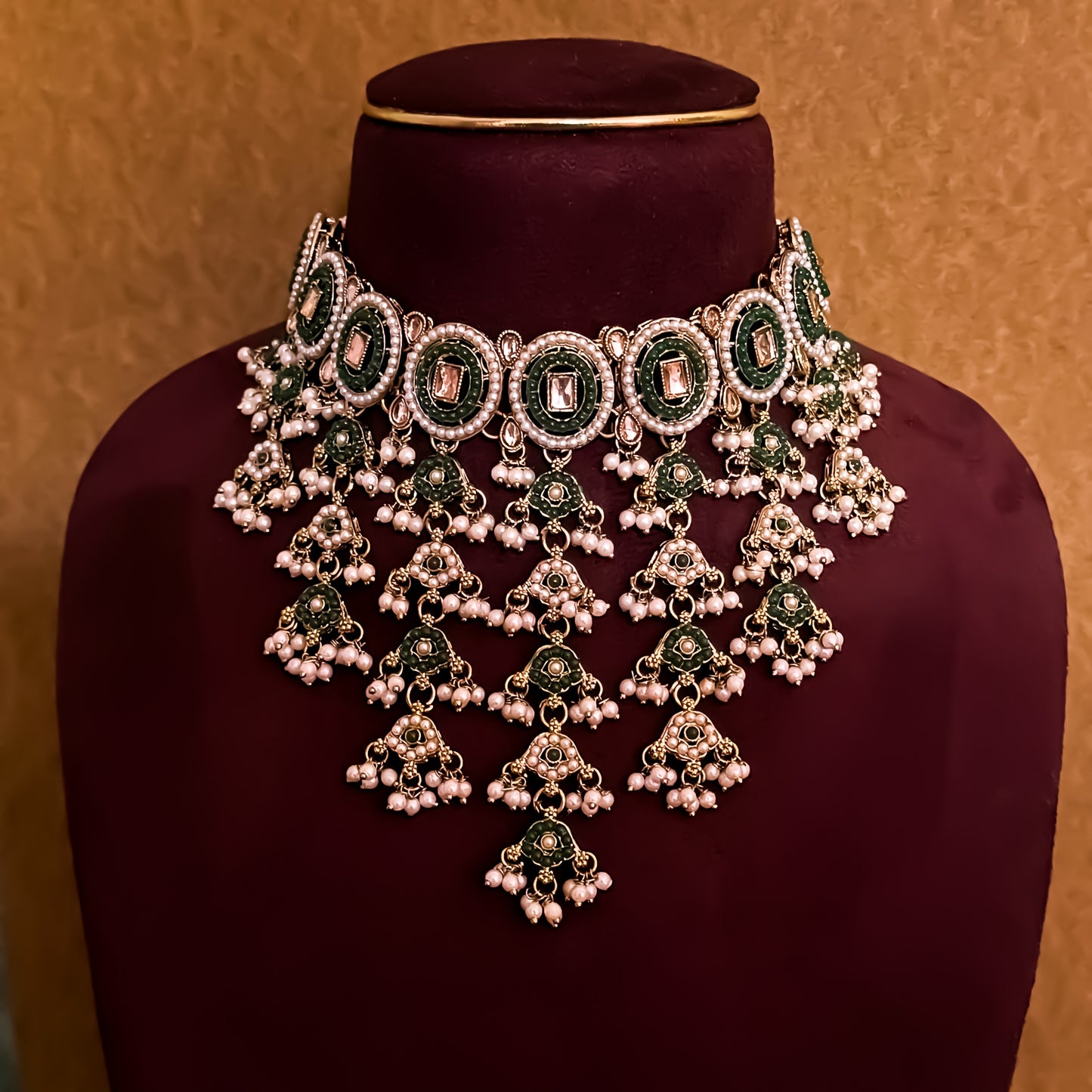 Rehan Jadau Reverse AD Necklace Set - Green