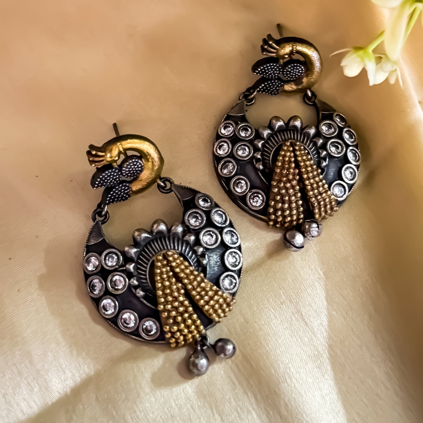 Peacock Zircon Dual Tone SLA Brass Earrings