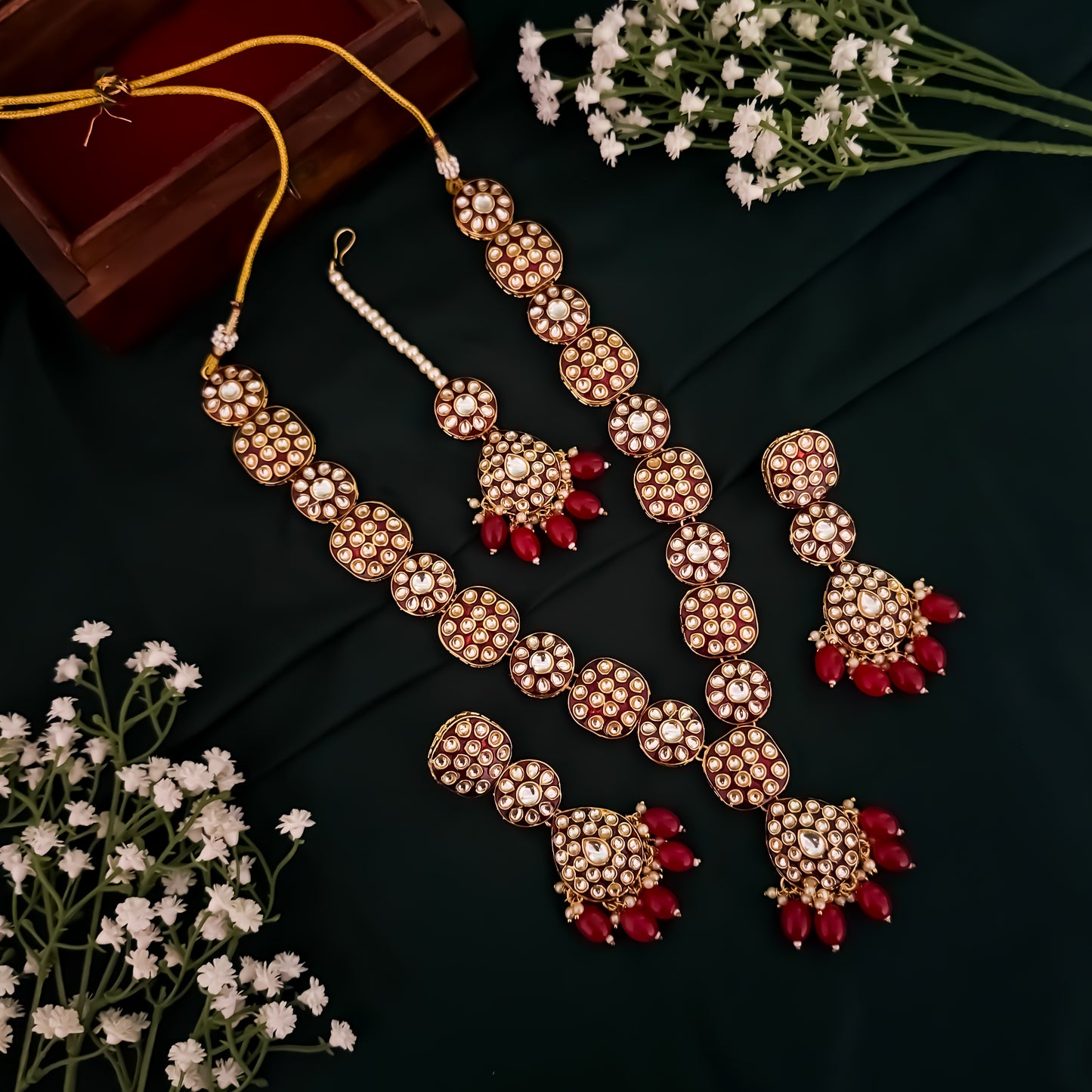 Jubina Meenakari Kundan Long Necklace Set- Maroon