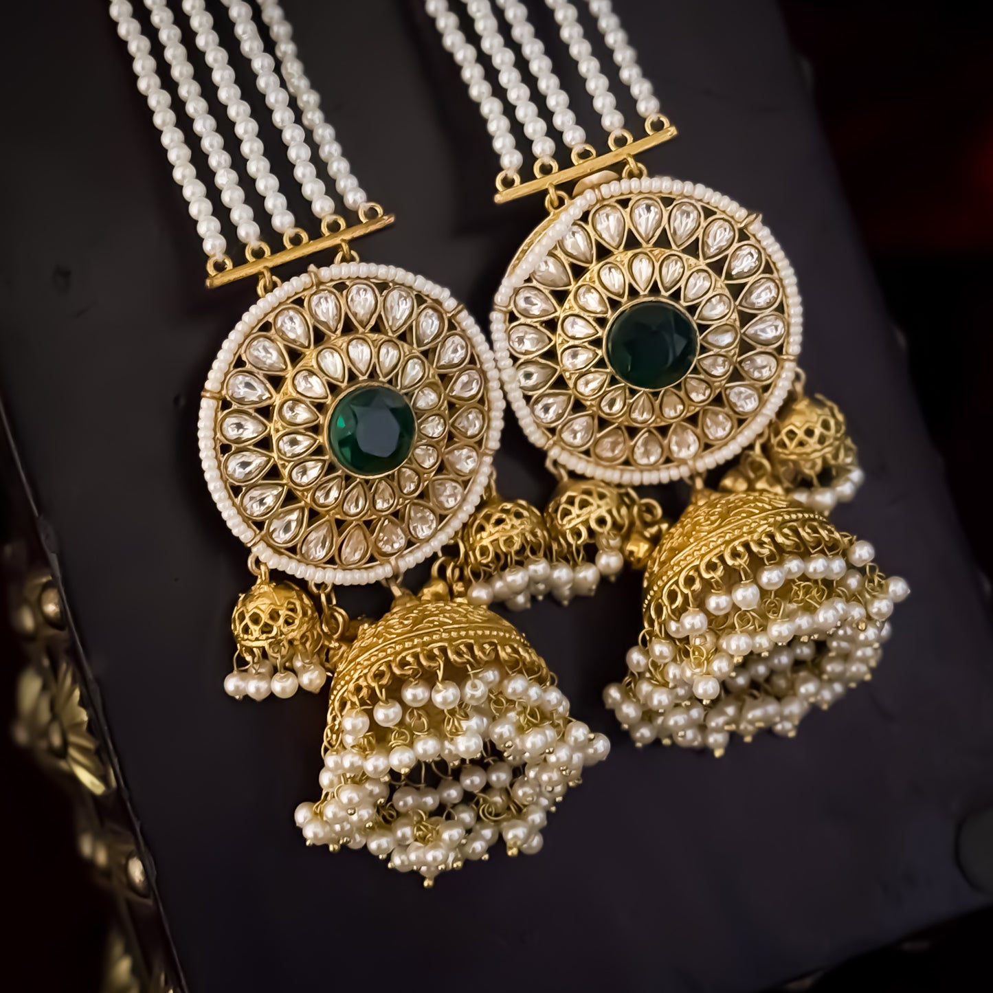 Raanisa Kashmiri Kundan Jhumka Earrings With Earchains - Green