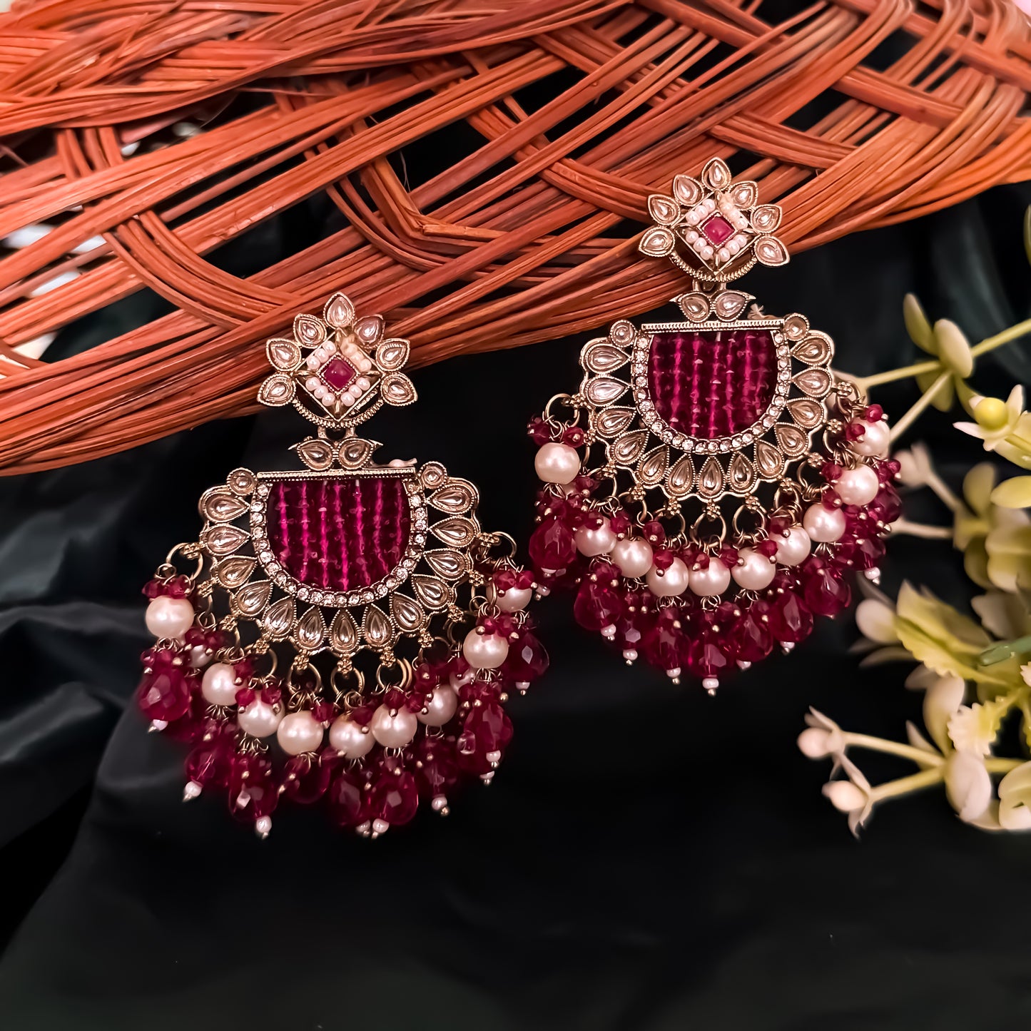 Mansa Kundan Pearl Chandbali - Hot Pink