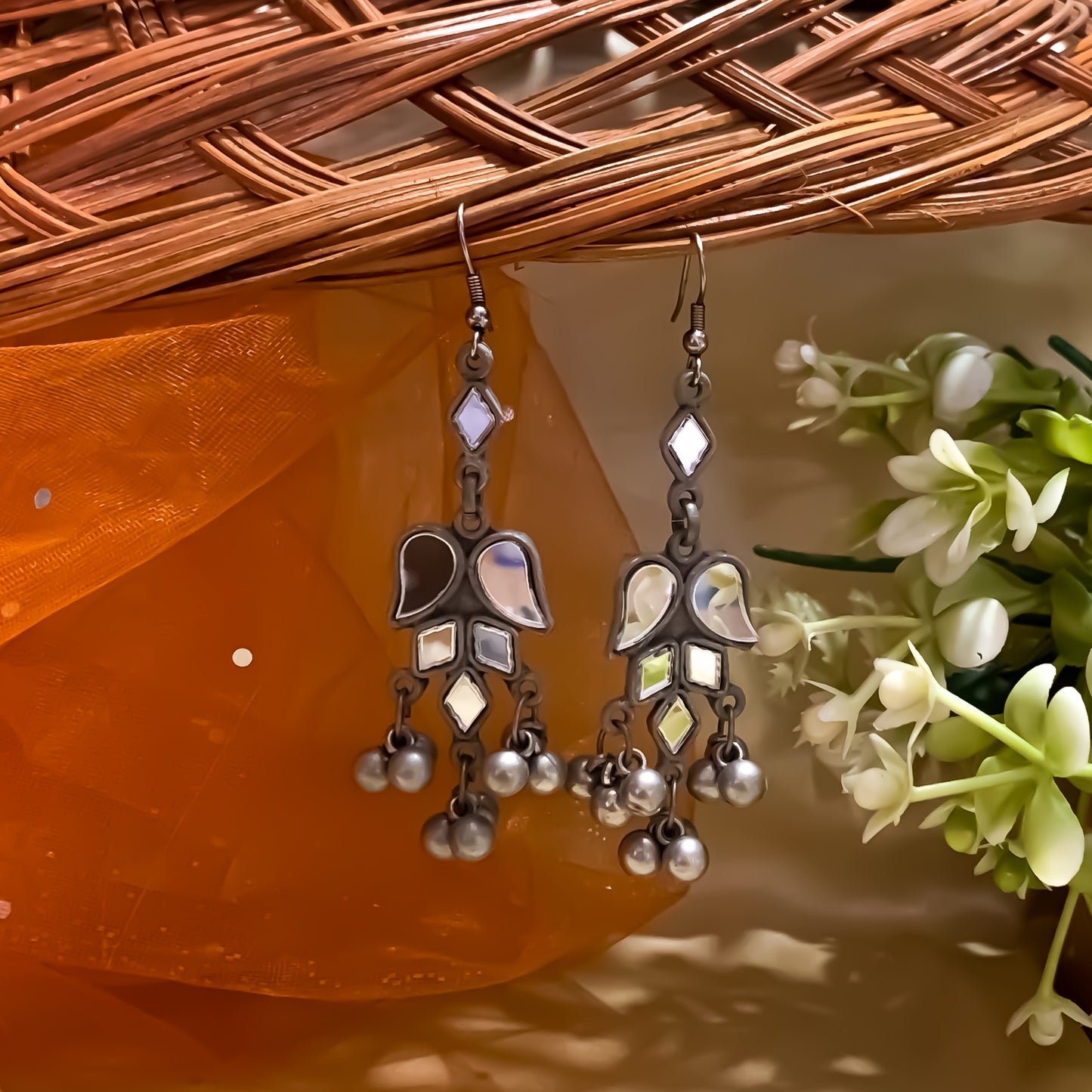 Kriti Afghani Vintage Mirror Earrings - White