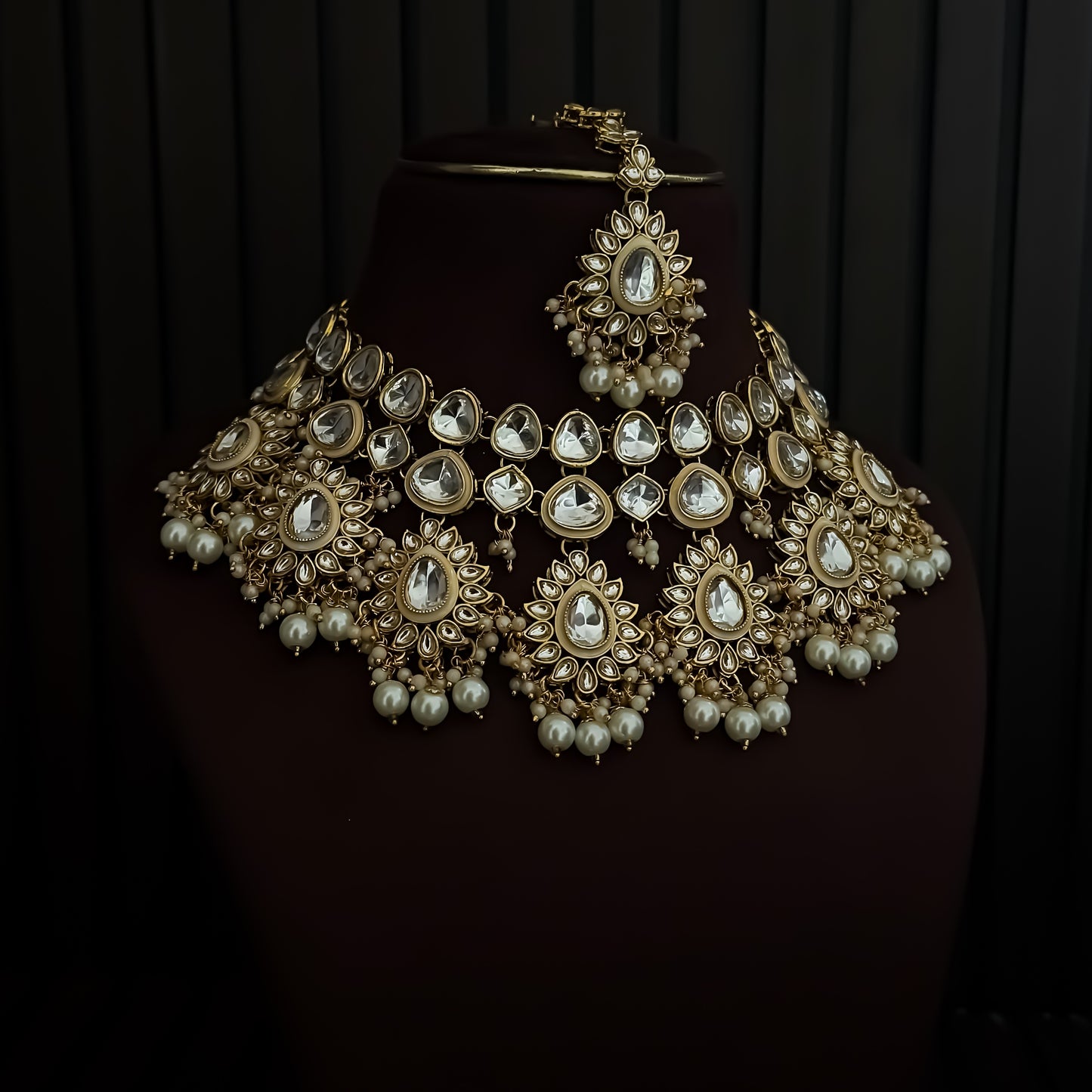 Swaraaj Premium Pearl Kundan Bridal Necklace Set - Golden