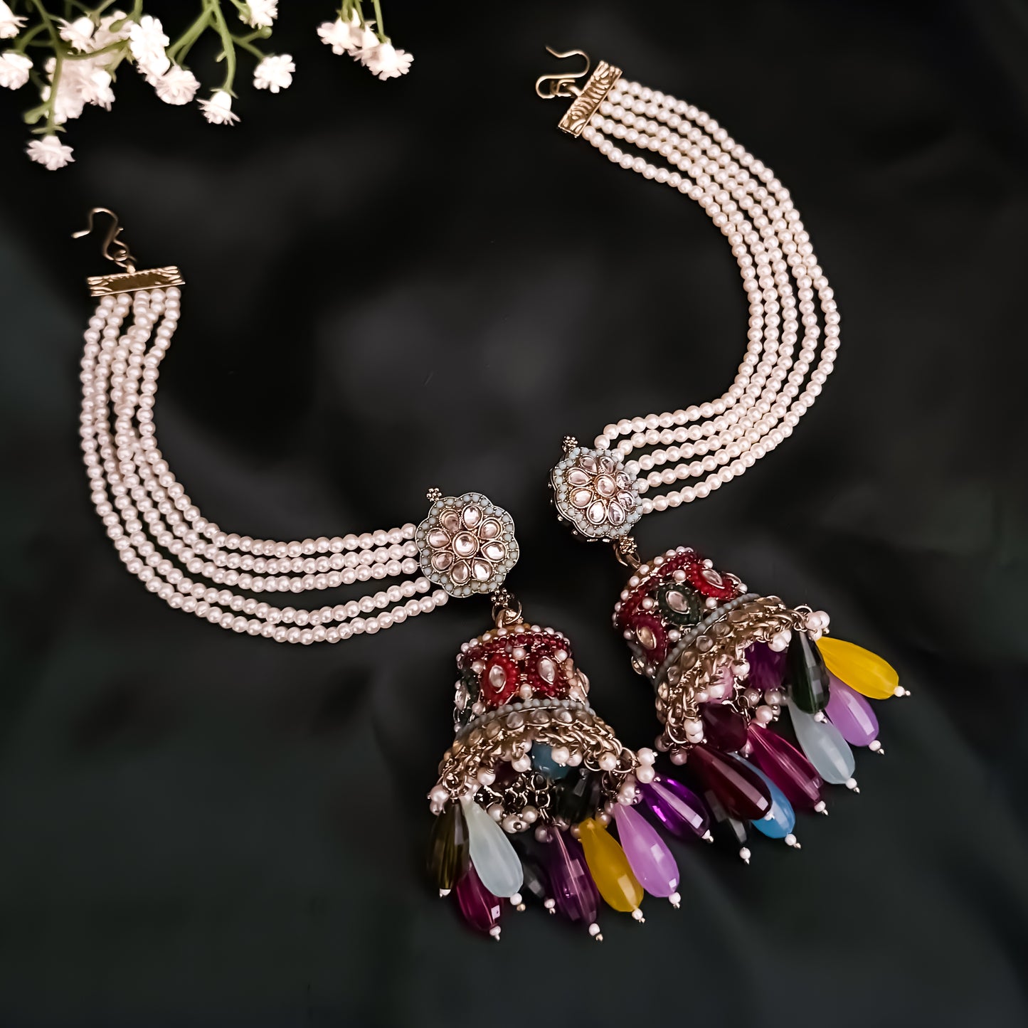 Meher Jadau Reverse AD Jhumka Earrings with Earchain - Multi