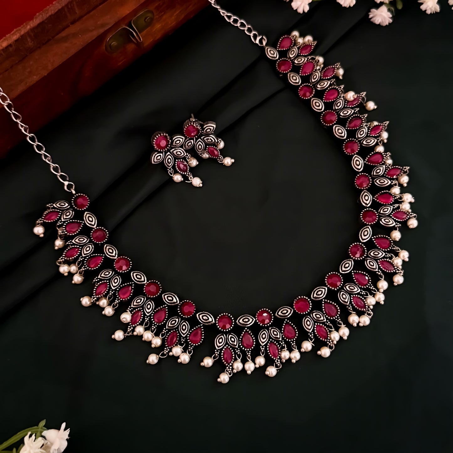Kimaya Silver Necklace Set- Pink