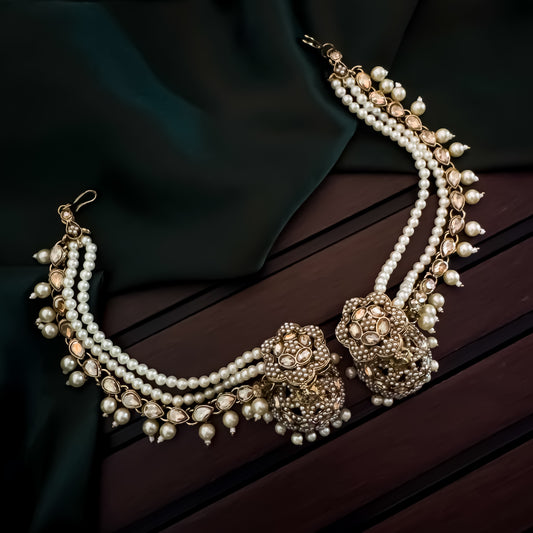 Manika Jadau Jhumka Earrings with Sahara/Earchains - Golden