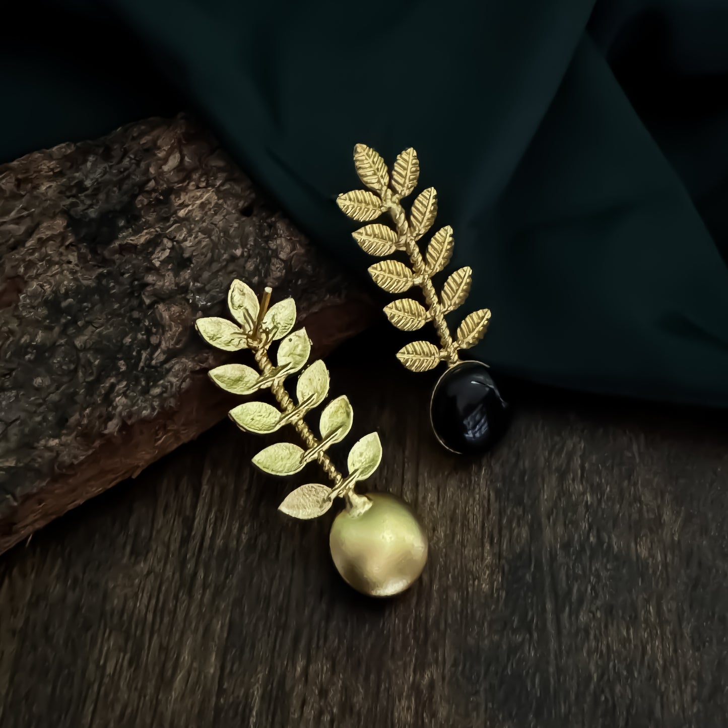 Lina Leaf Drop Handcrafted Brass Earrings - Black