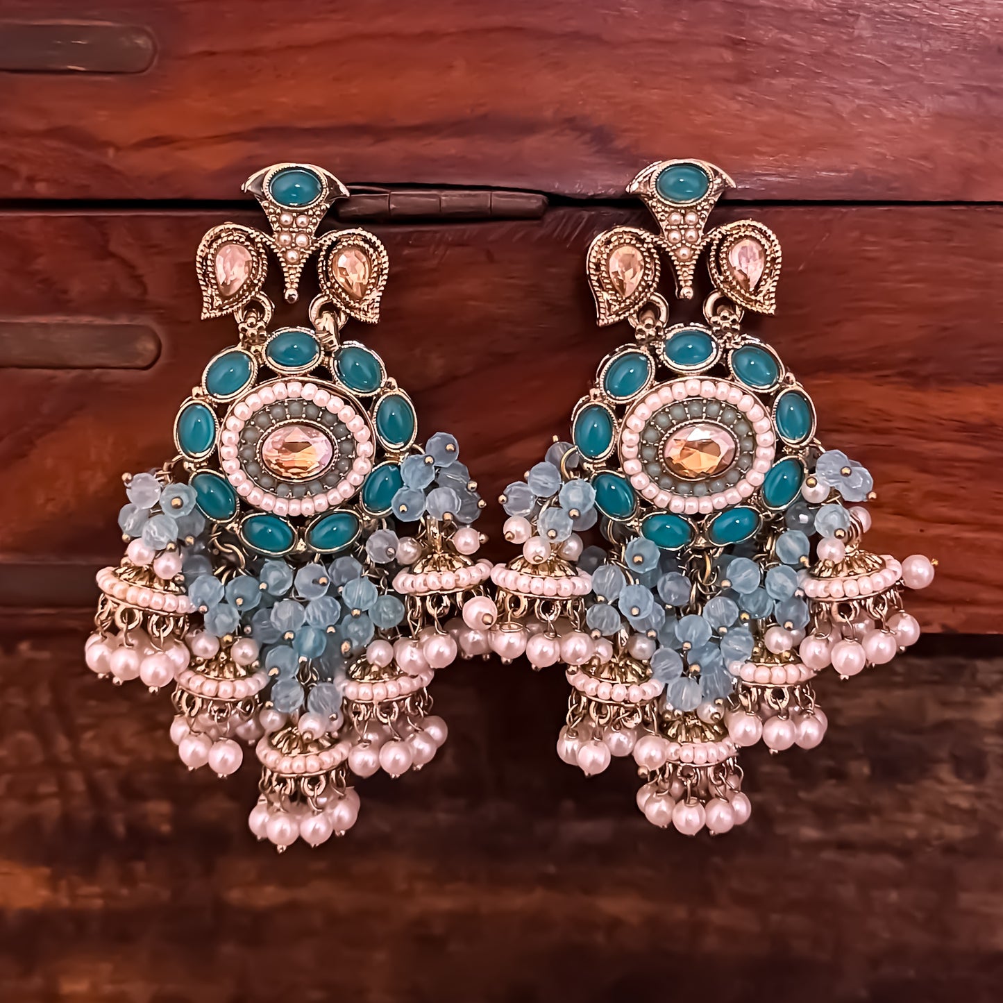 Heer Pearl Jhumka Chandbali Earrings - Sky Blue