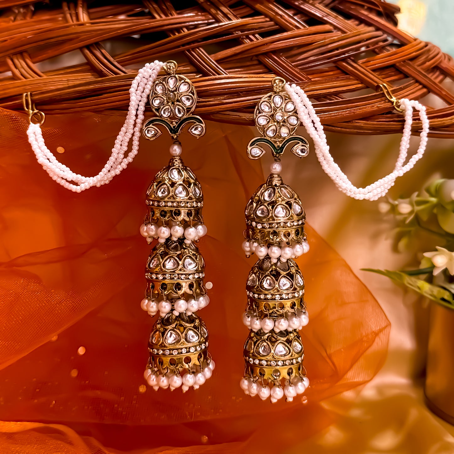 Marwan Layered Jhumka Earrings with Earchains - Golden