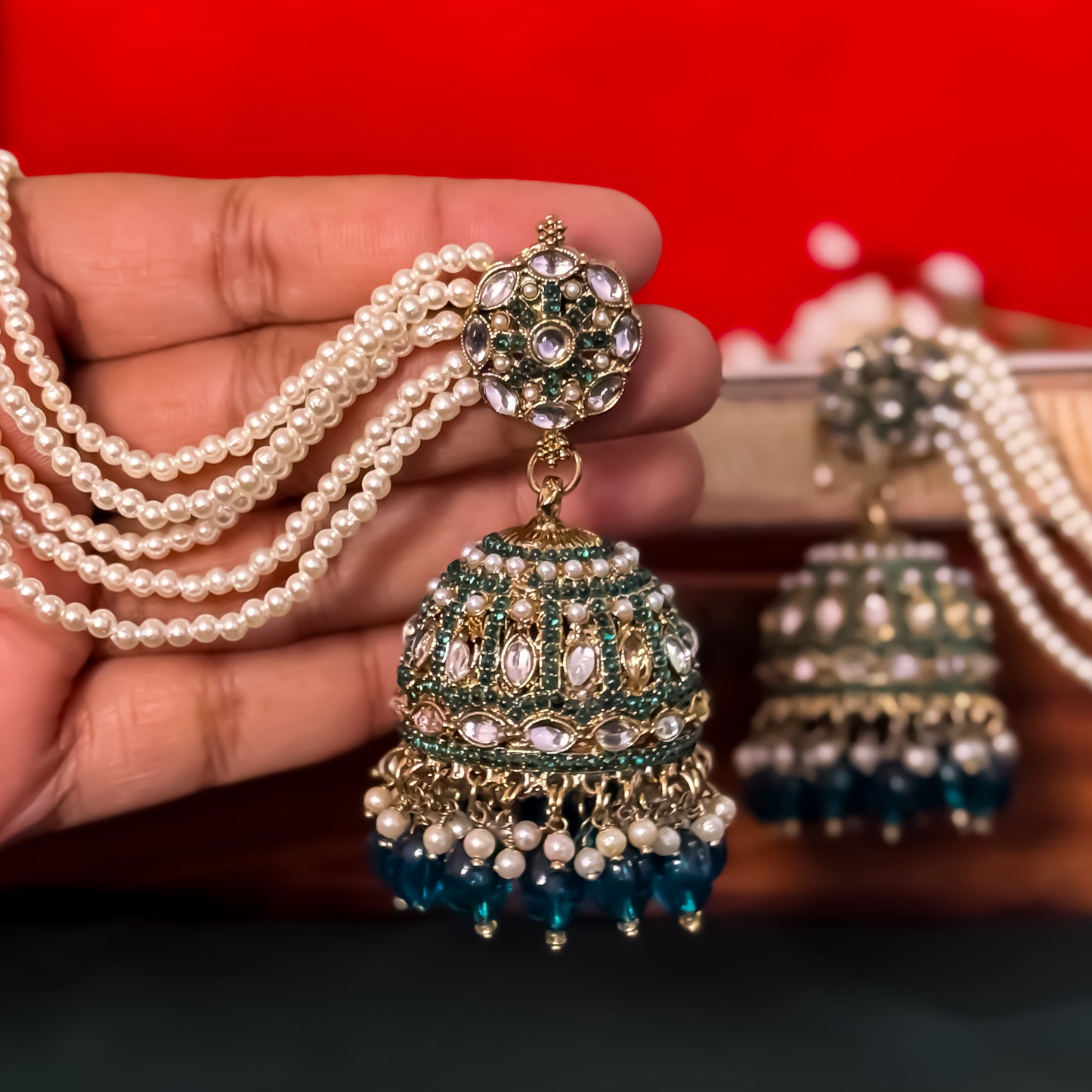 Mehvish Jadau Reverse AD Jhumka Earrings with Earchain - Peacock Blue