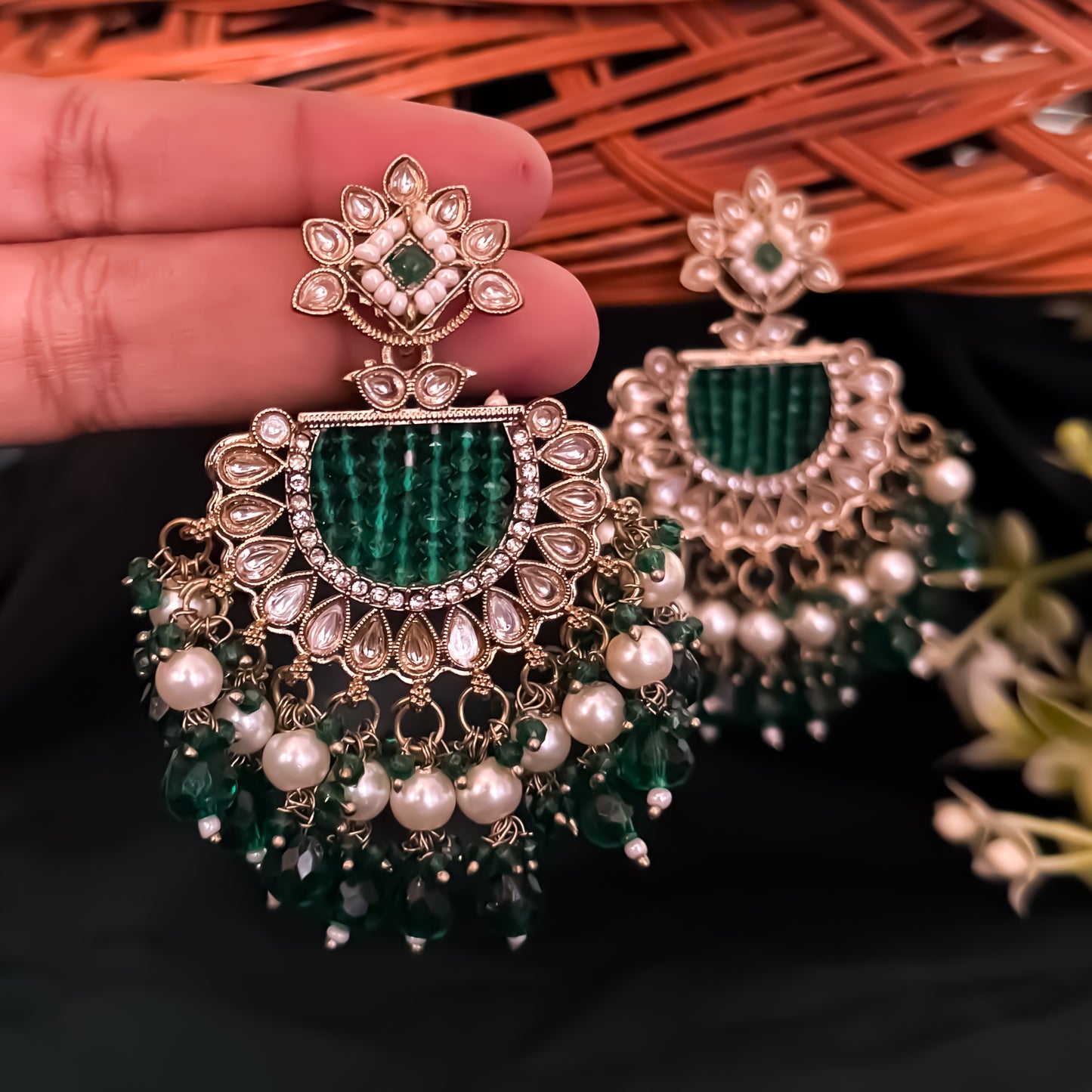Mansa Kundan Pearl Chandbali - Green