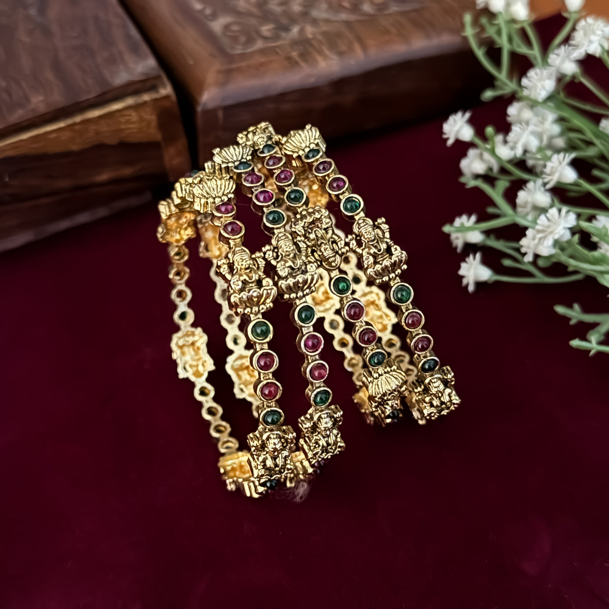 Purvi Divine Lakshmi Temple Gold Bangles - Pink & Green (Set of 4)