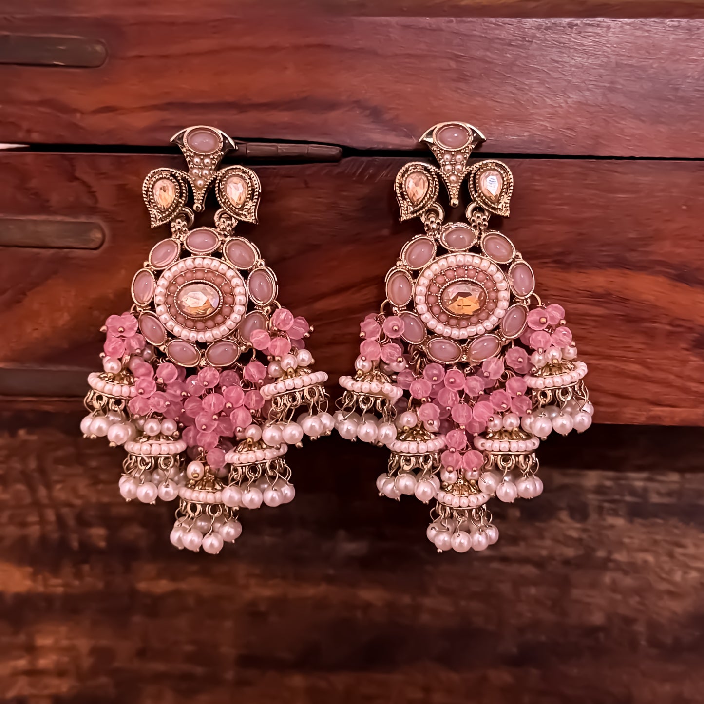 Heer Pearl Kundan Pearl Chandbali Jhumka Earring - Baby Pink