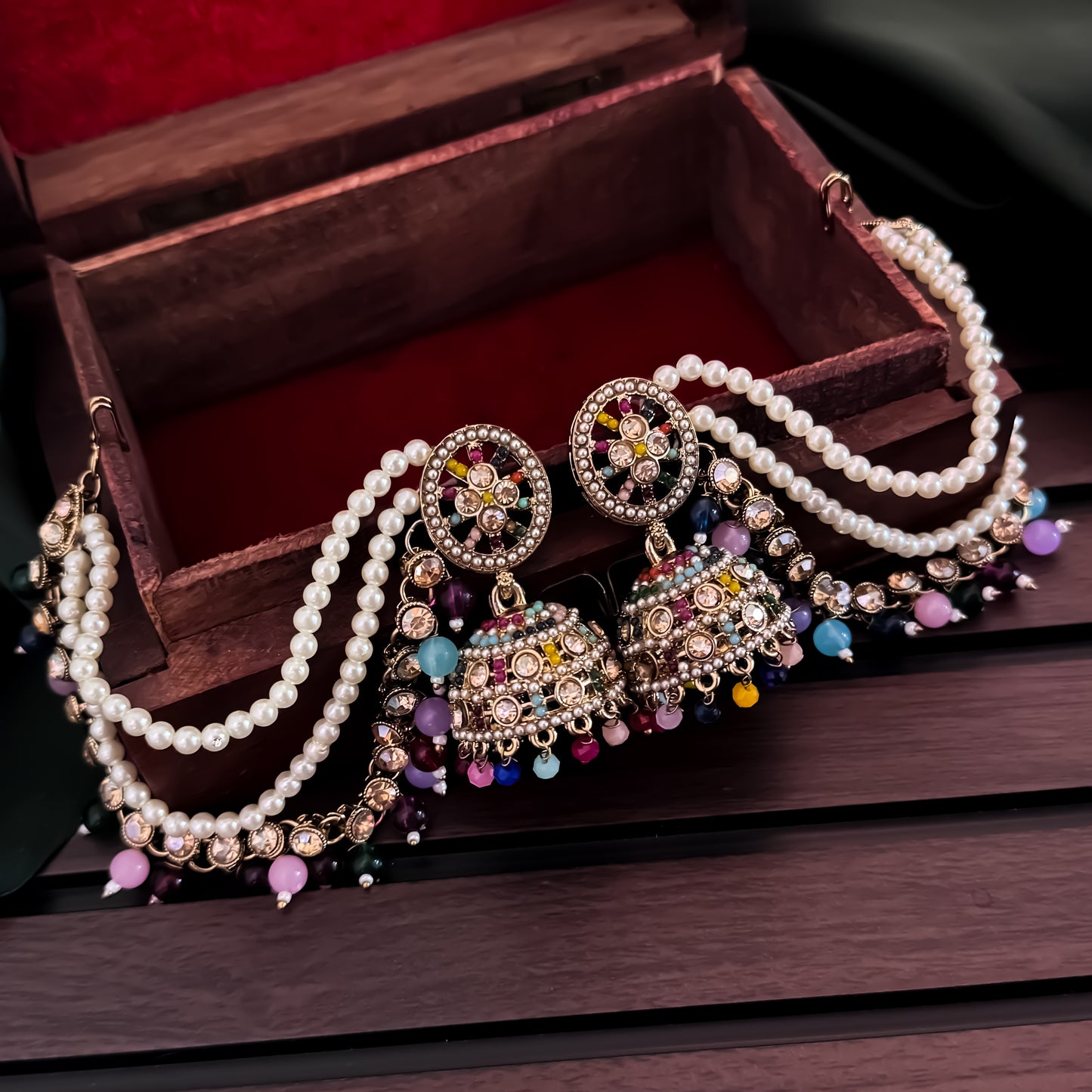 Lasika Jadau Jhumka Earrings with Sahara/Earchains - Multi
