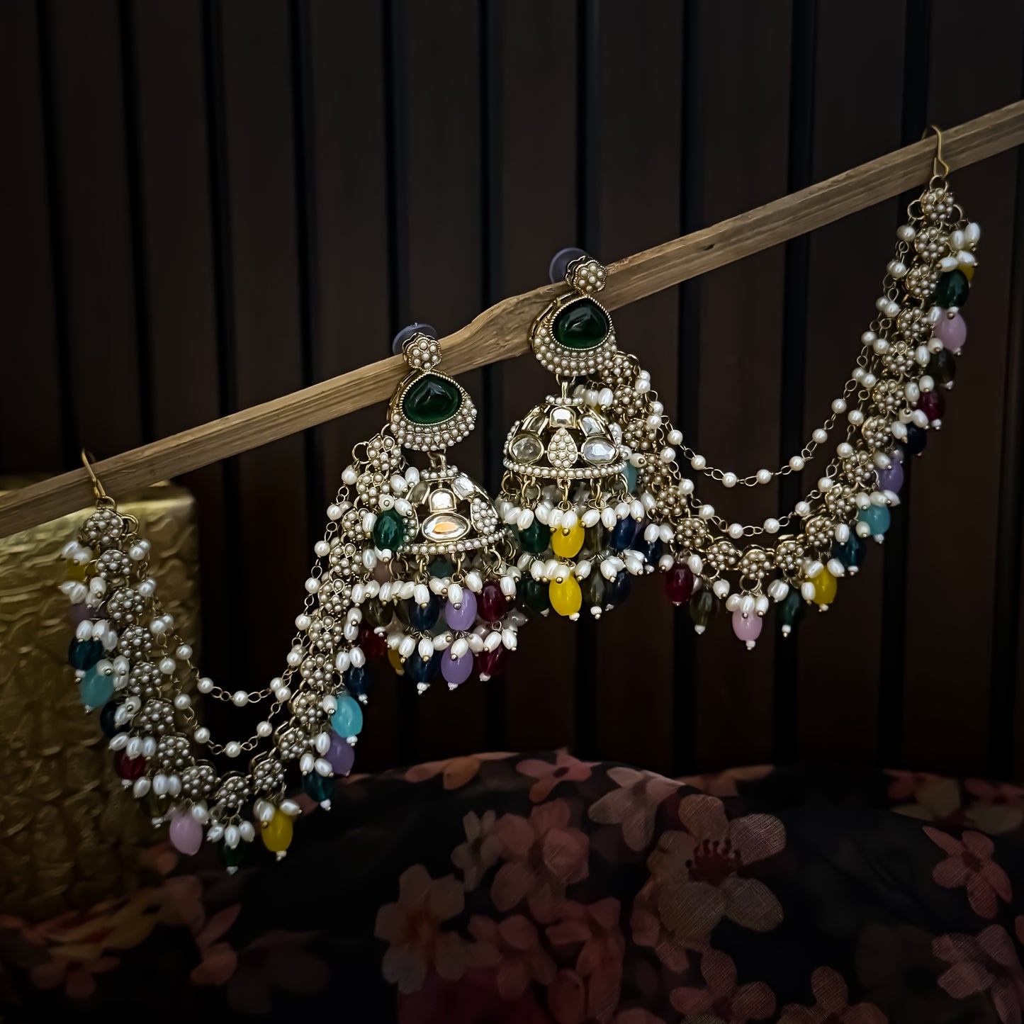 Kirat Jadau Mirror Jhumka Earrings with Sahara/Earchains - Multi