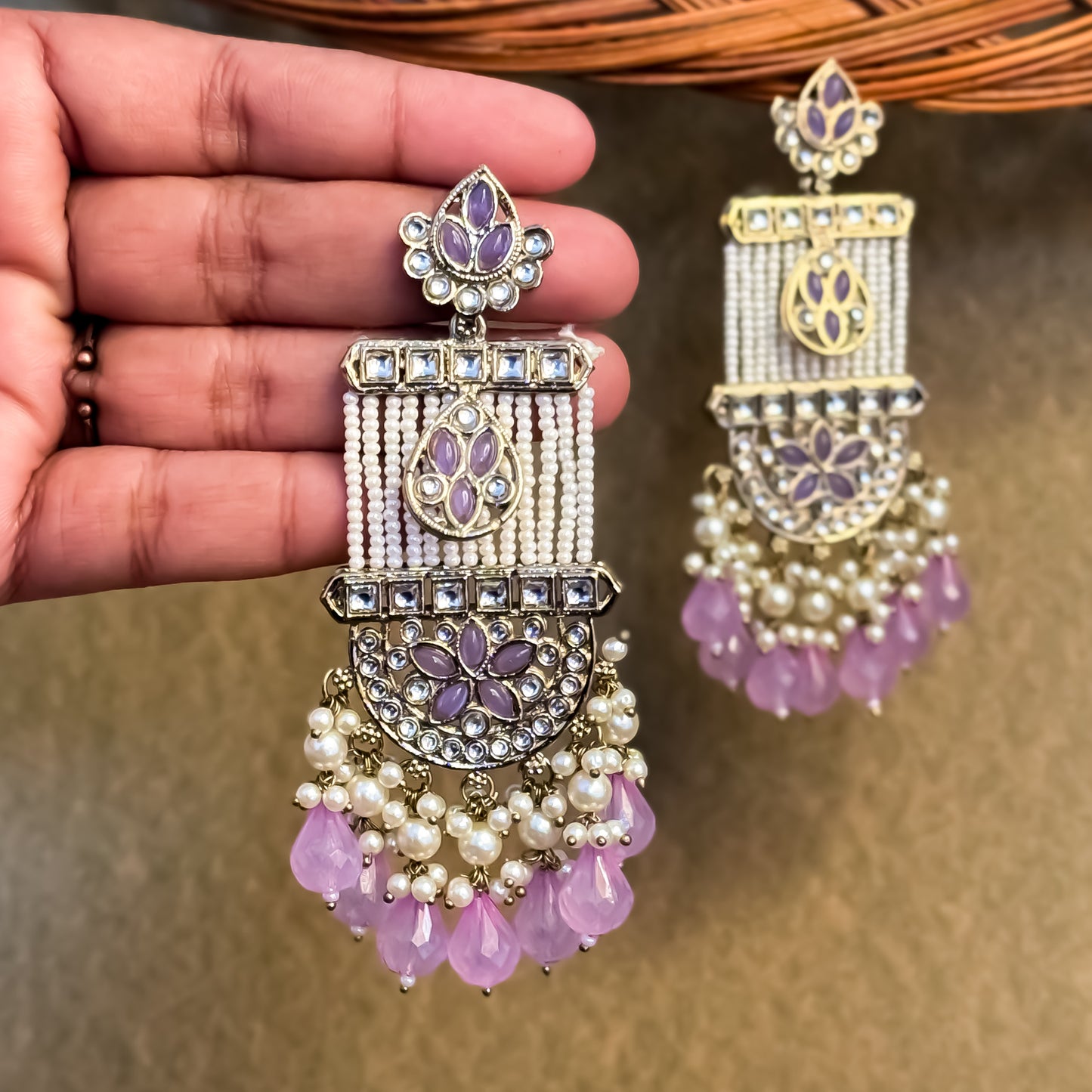 Kamya Pearl Chandbali Earrings- Lavender