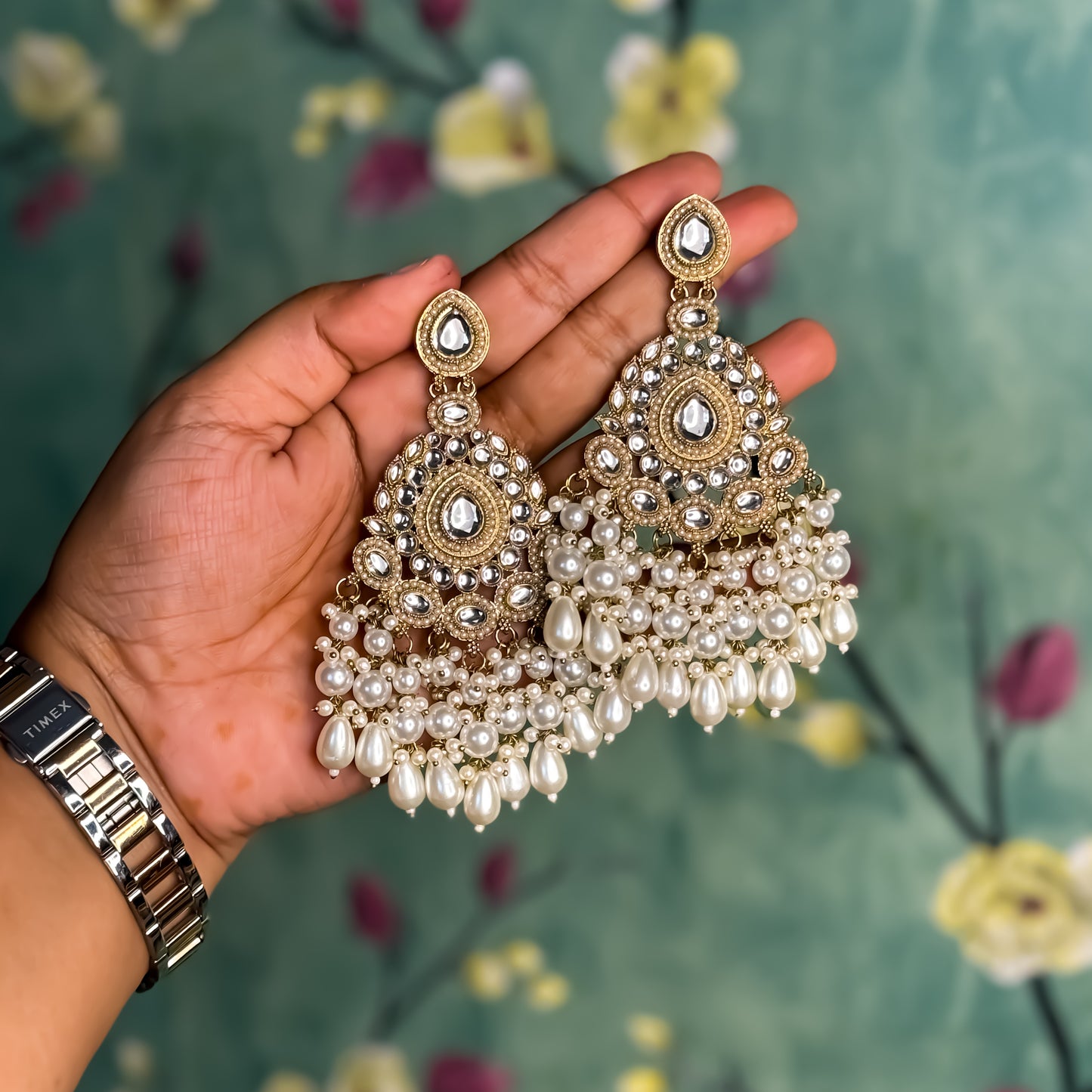 Zahira Jadau Chandbali Earrings- Golden/Ivory
