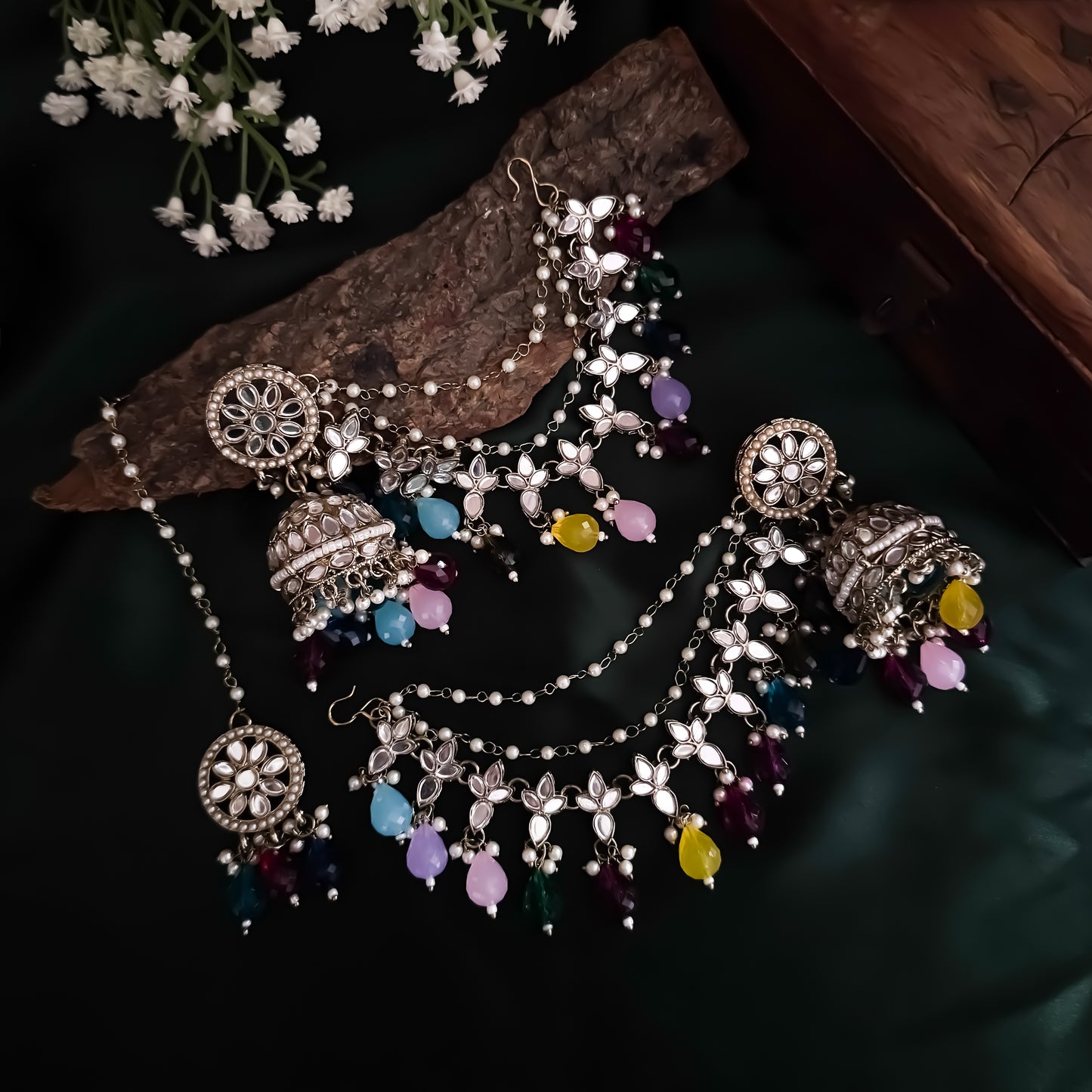 Kashish Jadau Mirror Jhumka Earrings with Sahara/Earchains - Multi
