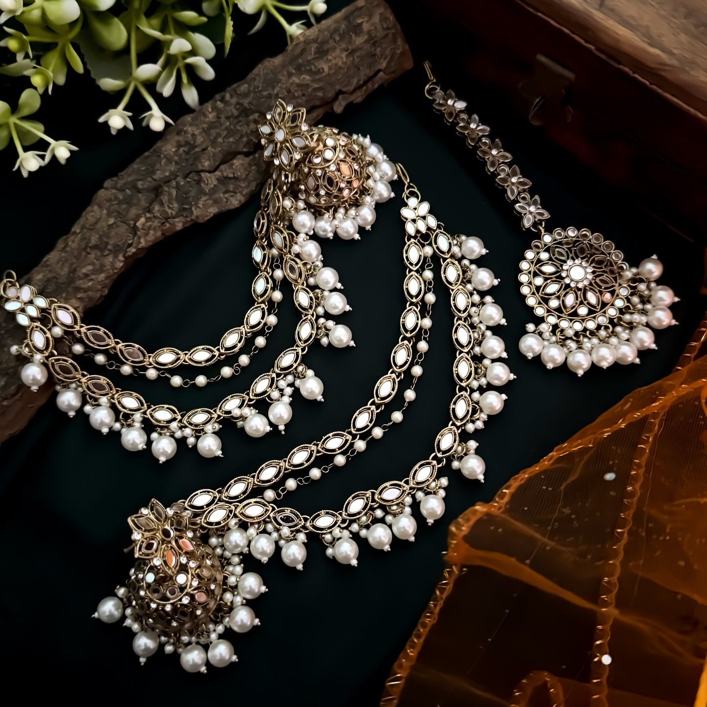 Mehek Mirror Jhumka Earrings with Sahara & Teeka - Golden