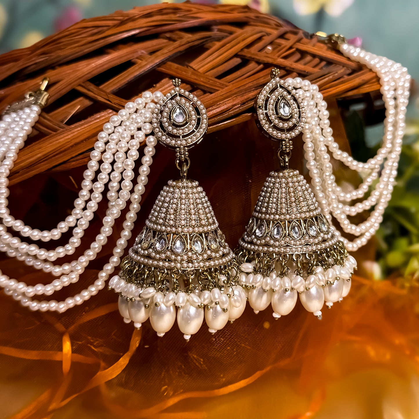 Mahiya Jadau Jhumka Earrings with Earchain - Golden