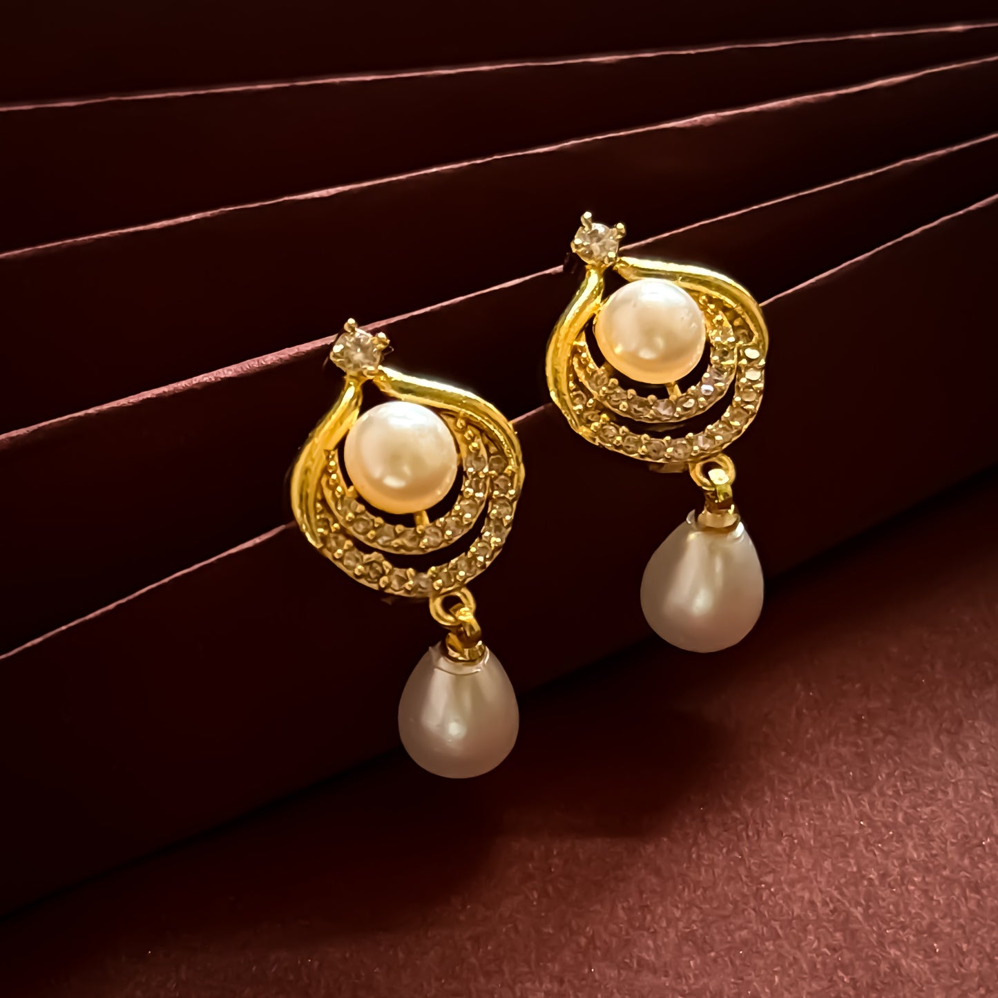 Alice American Diamond Pearl Drop Golden Stud Earrings